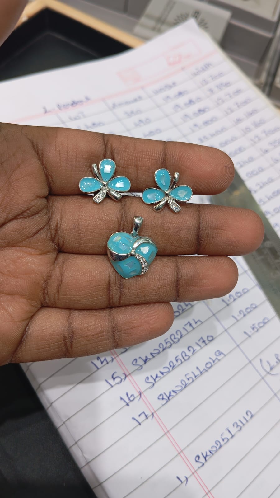 Turquoise Blue Heart Pendant with Matching Floral Stud Earrings