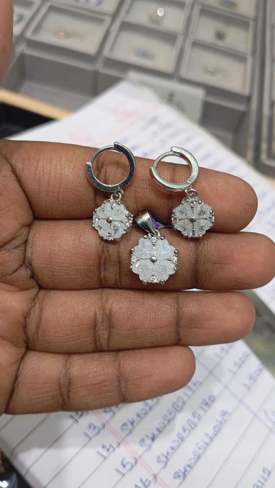 925 Silver Sparkling Floral Hoop Earrings with Matching Pendant Set