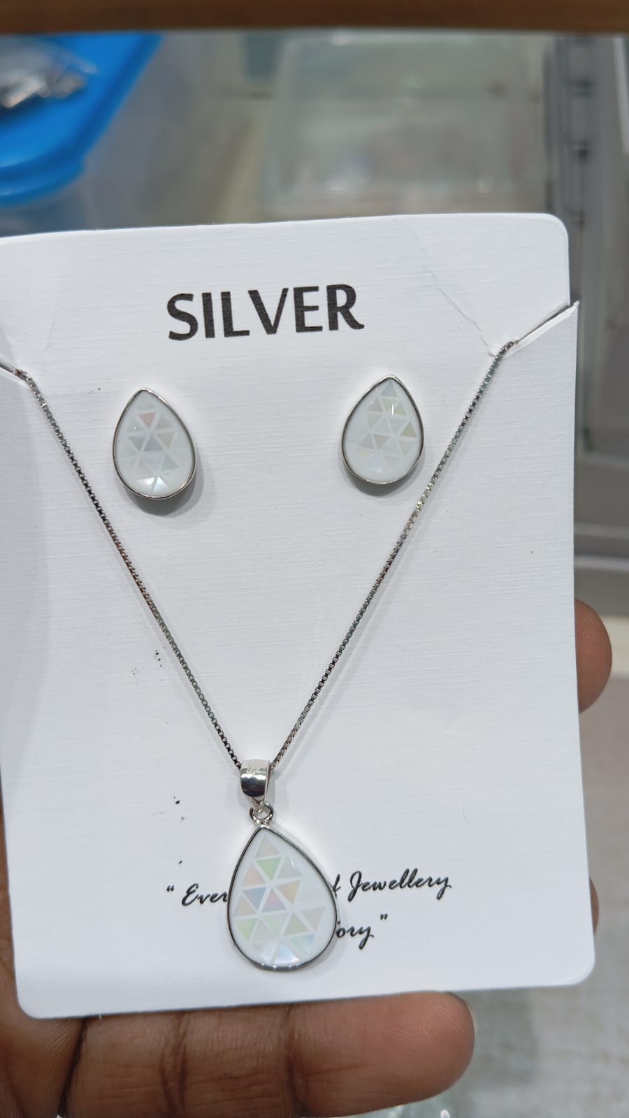 White Teardrop Silver Pendant Set with Matching Earrings