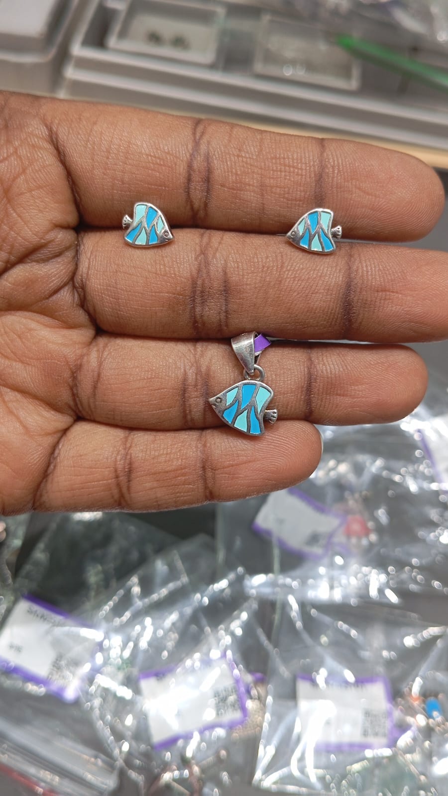 Turquoise Enamel Fish Pendant and Stud Set