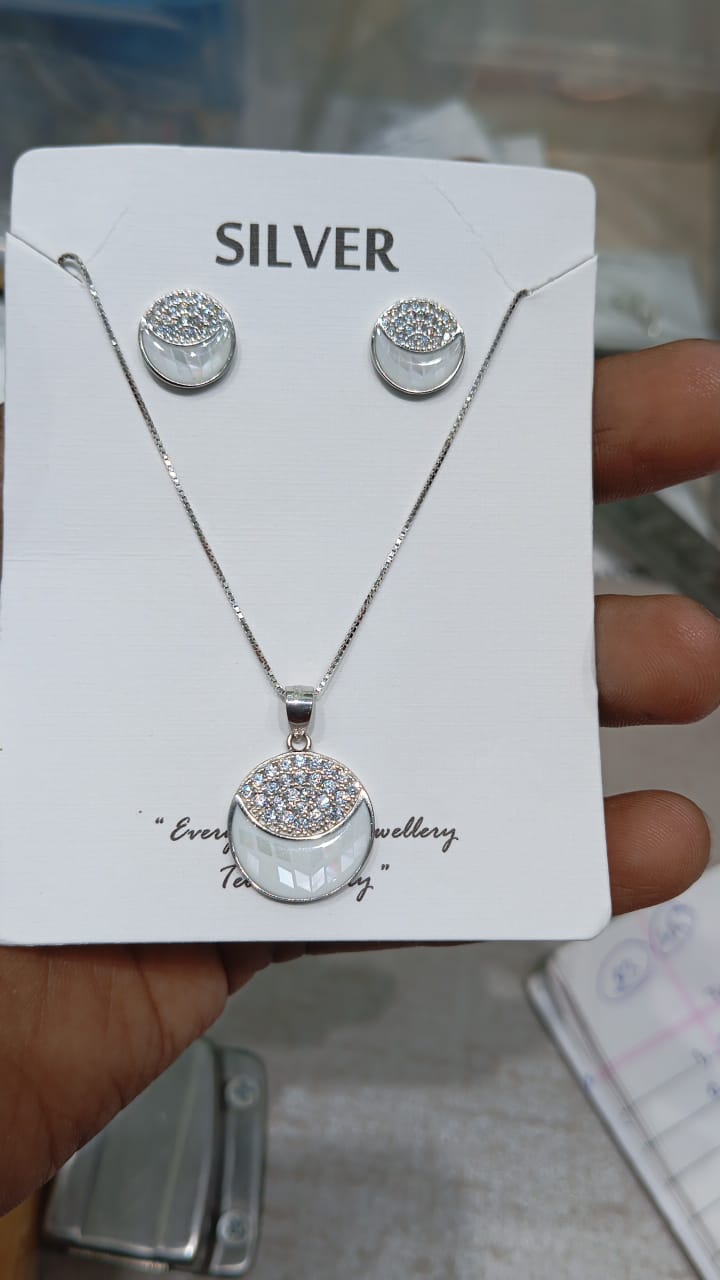 White Half Moon Silver Pendant with CZ Stone Earrings