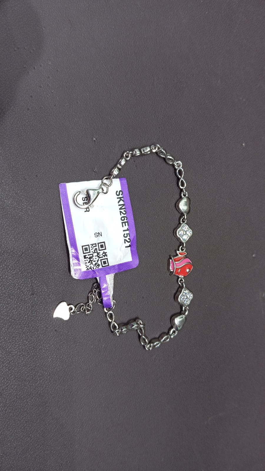 92.5 Sterling Silver Fish Charm & Floral Heart Baby Bracelet