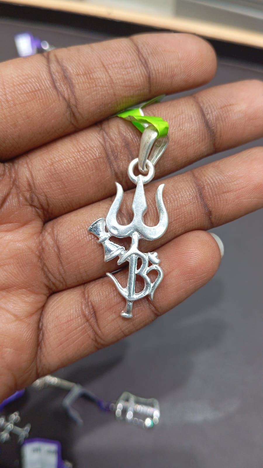 Trishakti Silver Pendant with Trishul, Damru & Om Symbol