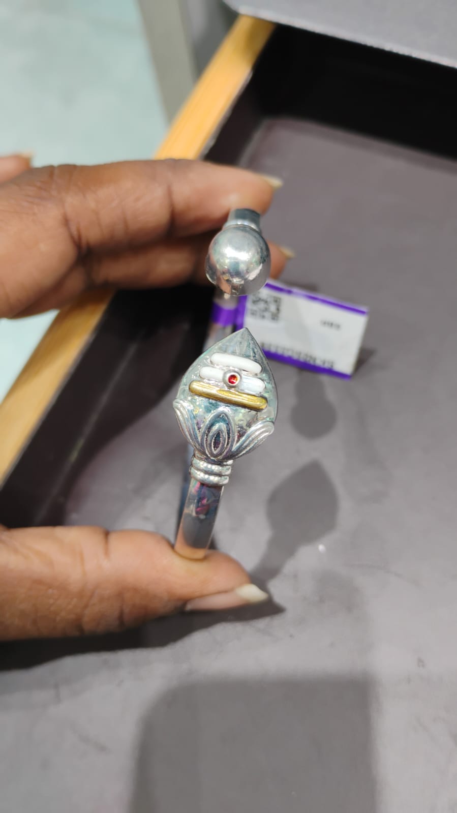 Trishul-Design Silver Kada with Red Stone Accent