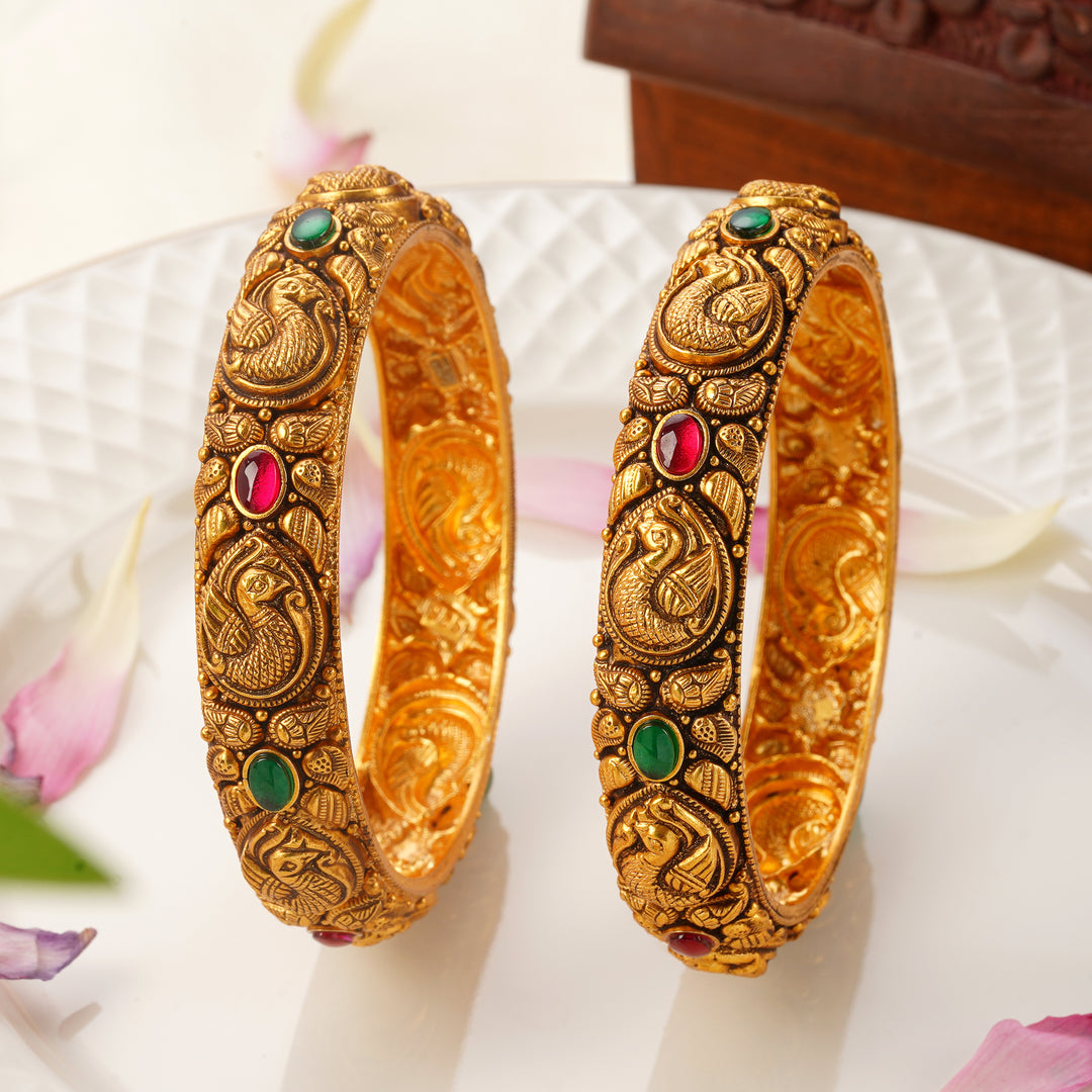 Annam and Mango Design Antique Gold Bangles with Ruby & Emerald Stones