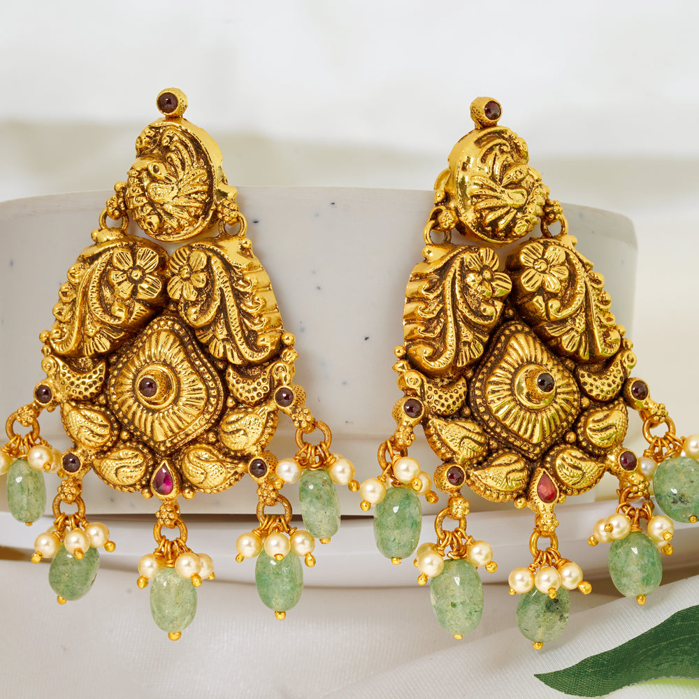 Antique gold stud earrings with green beads