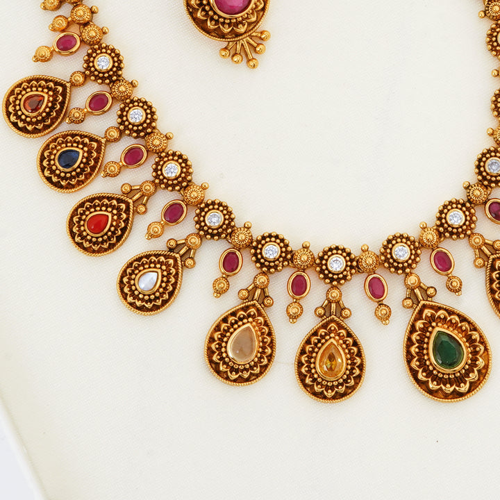 Gold-Plated Navaratnam Necklace Set for Wedding Wear