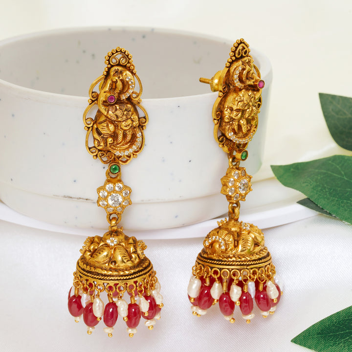 Ruby Long Jimikki Earrings with Lakshmi Design