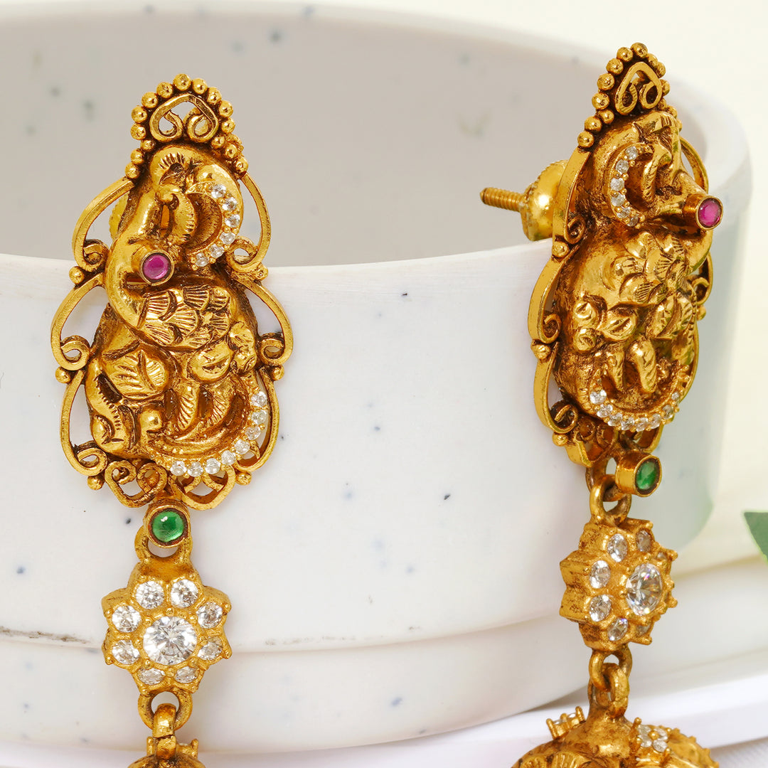 South Indian Jhumkas with Elephant Carving