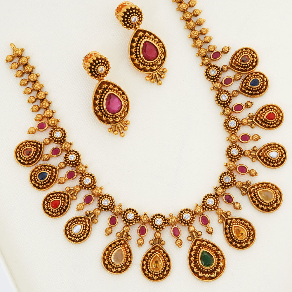Traditional Temple Jewellery Necklace with Navaratnam Stones
