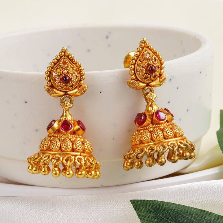 Traditional ruby jimikki earrings in antique gold