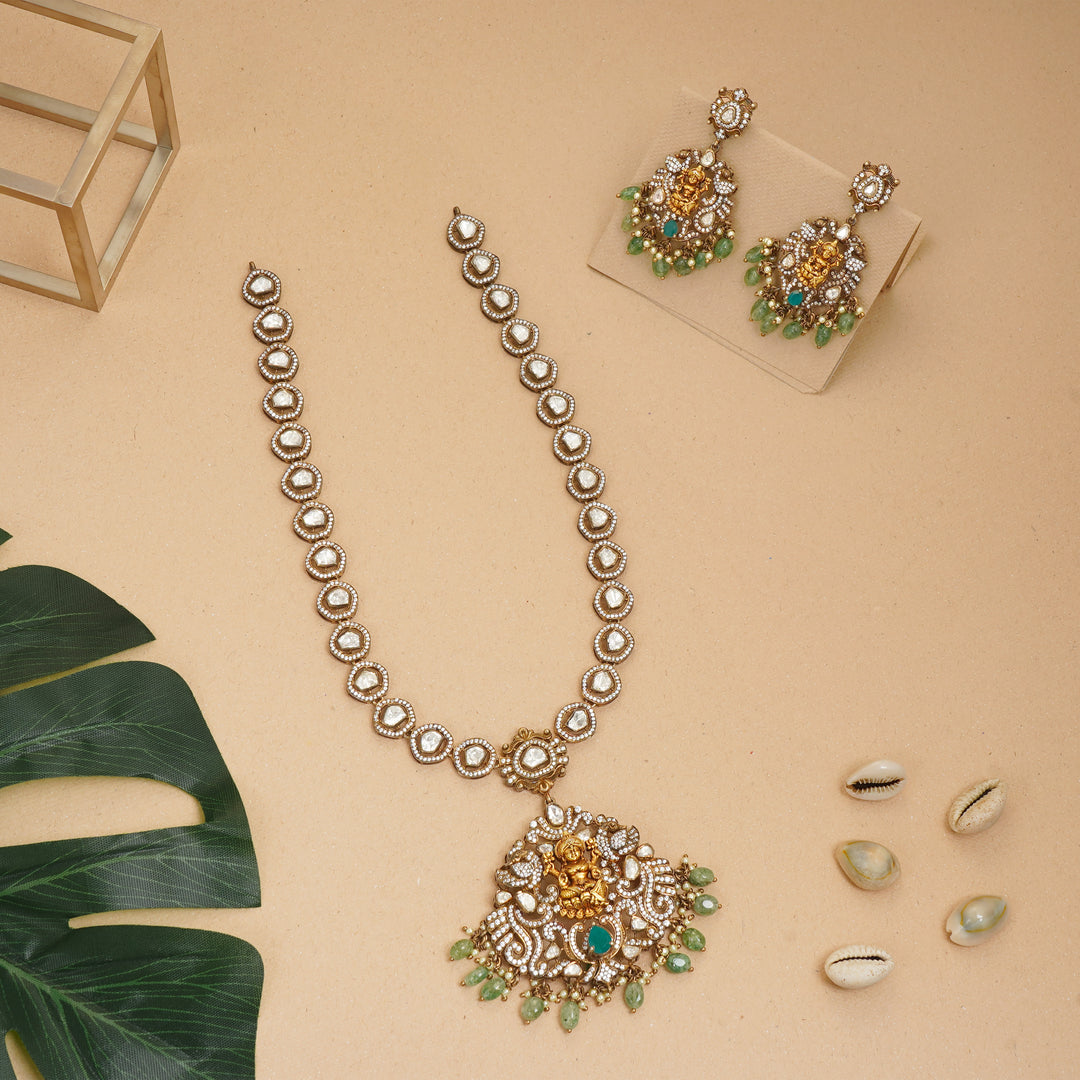 Victorian moissanite Lakshmi pendant  haram set with Earning