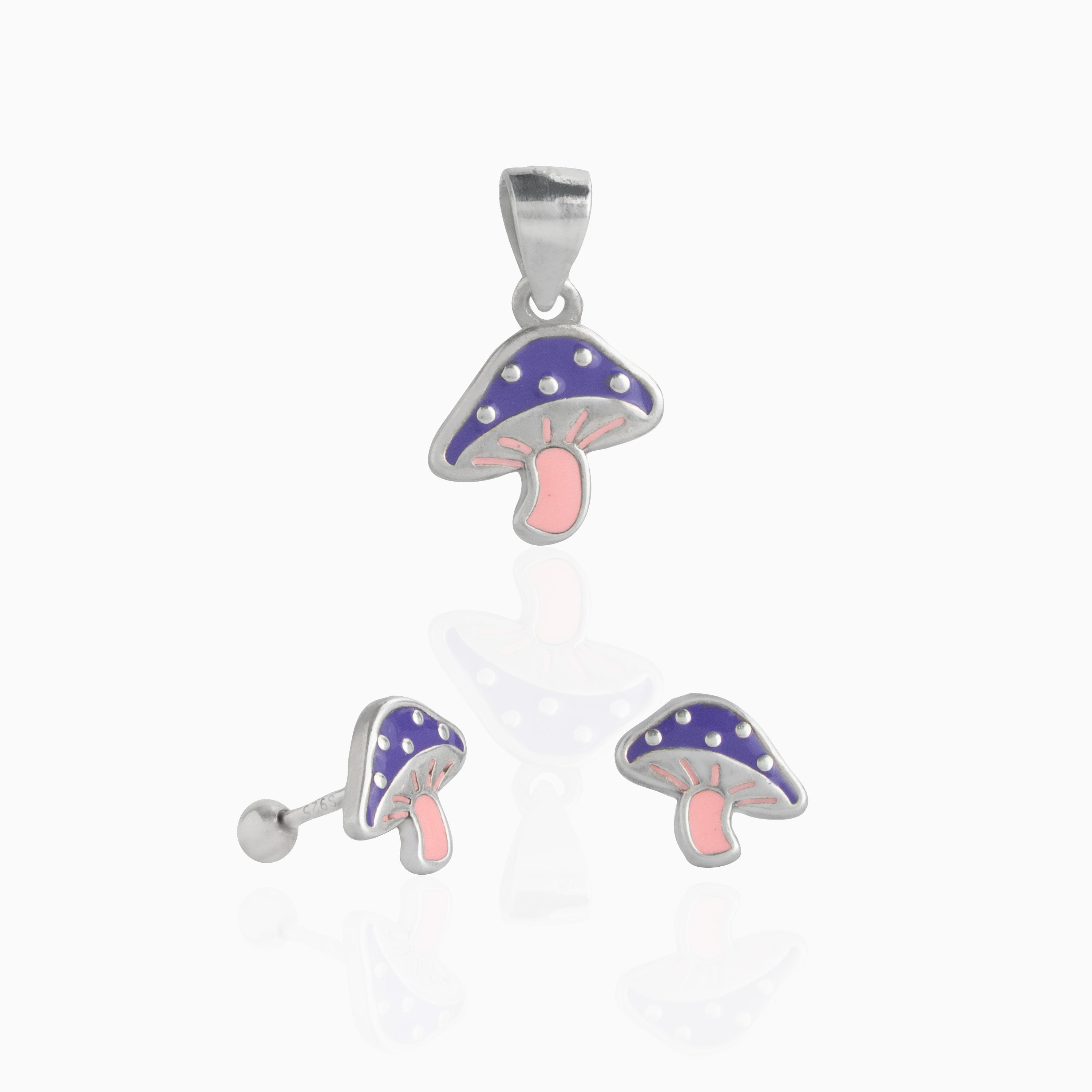 Purple Mushroom Pendant & Stud Set