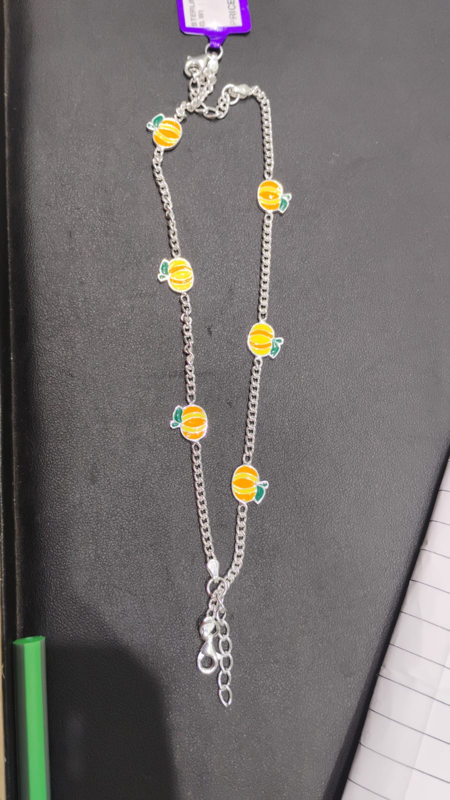 Sterling Silver Baby Anklet with Orange Enamel Charms