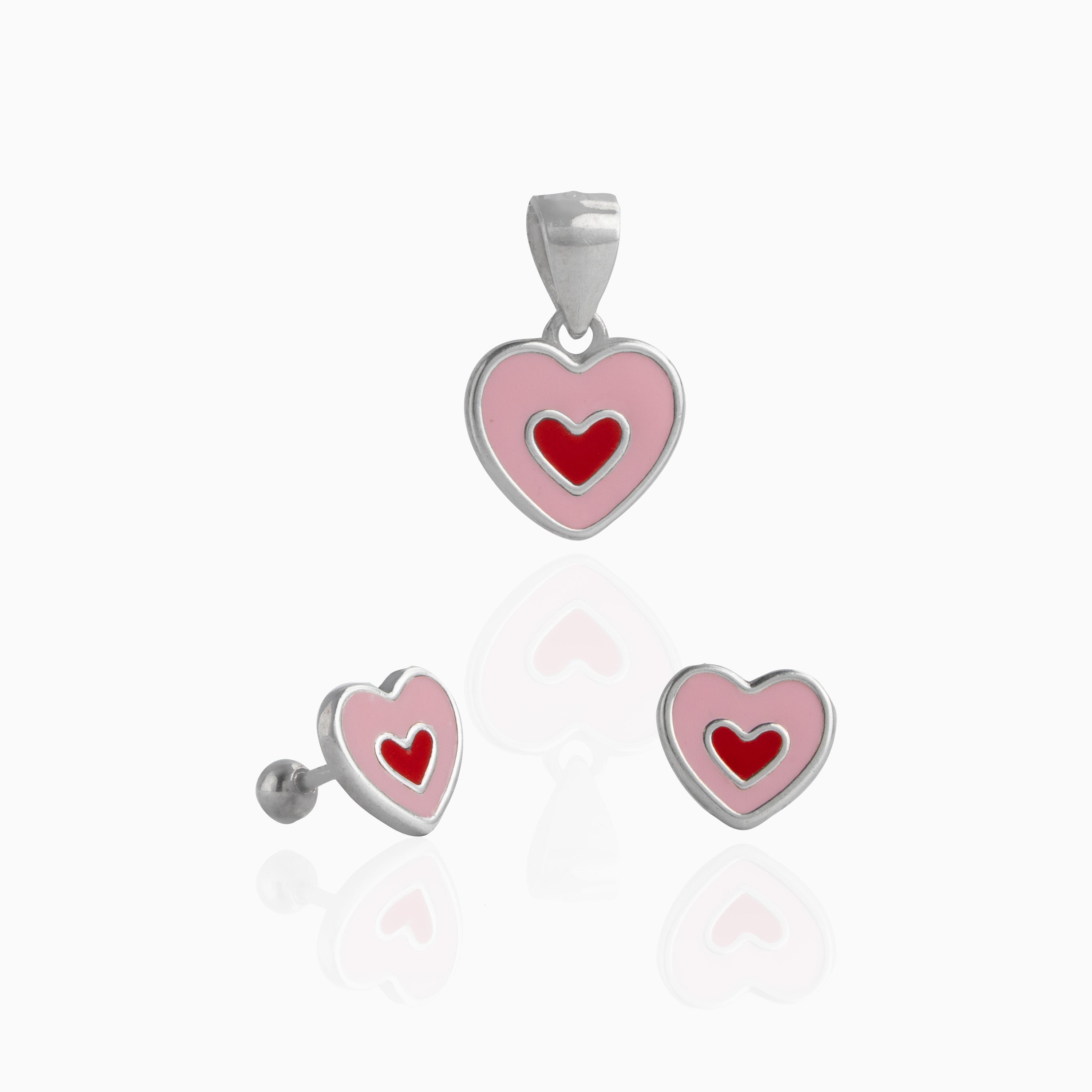 Pink & Red Heart Enamel Pendant and Stud Set
