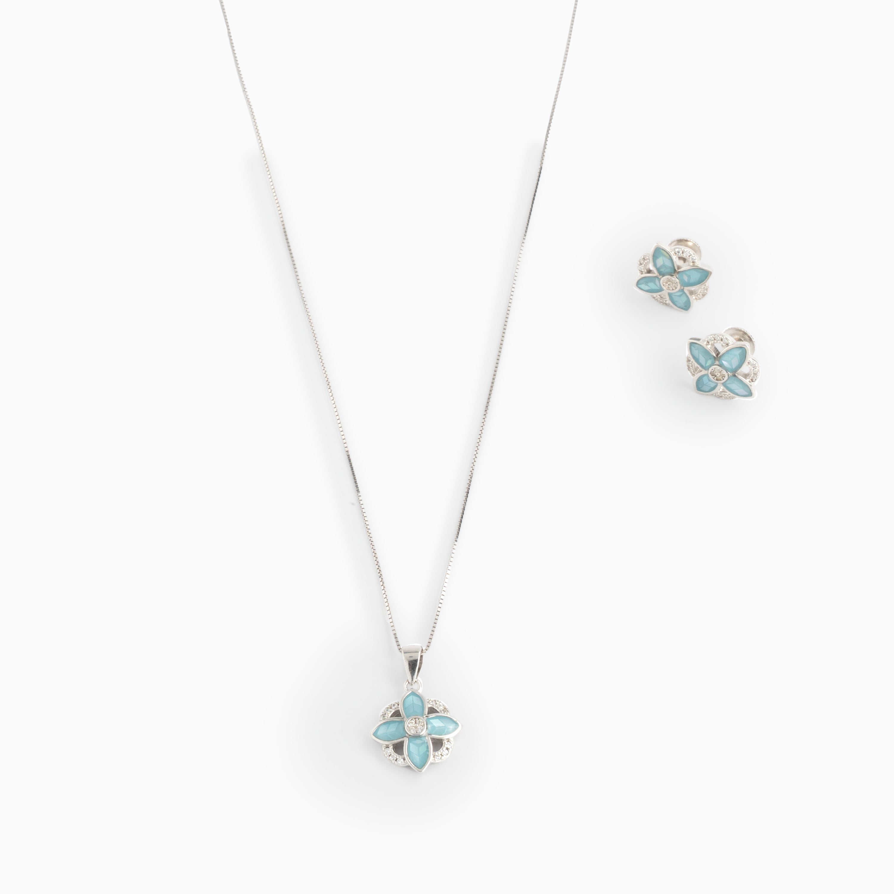 Aqua Blue Floral Silver Pendant Set with Earrings