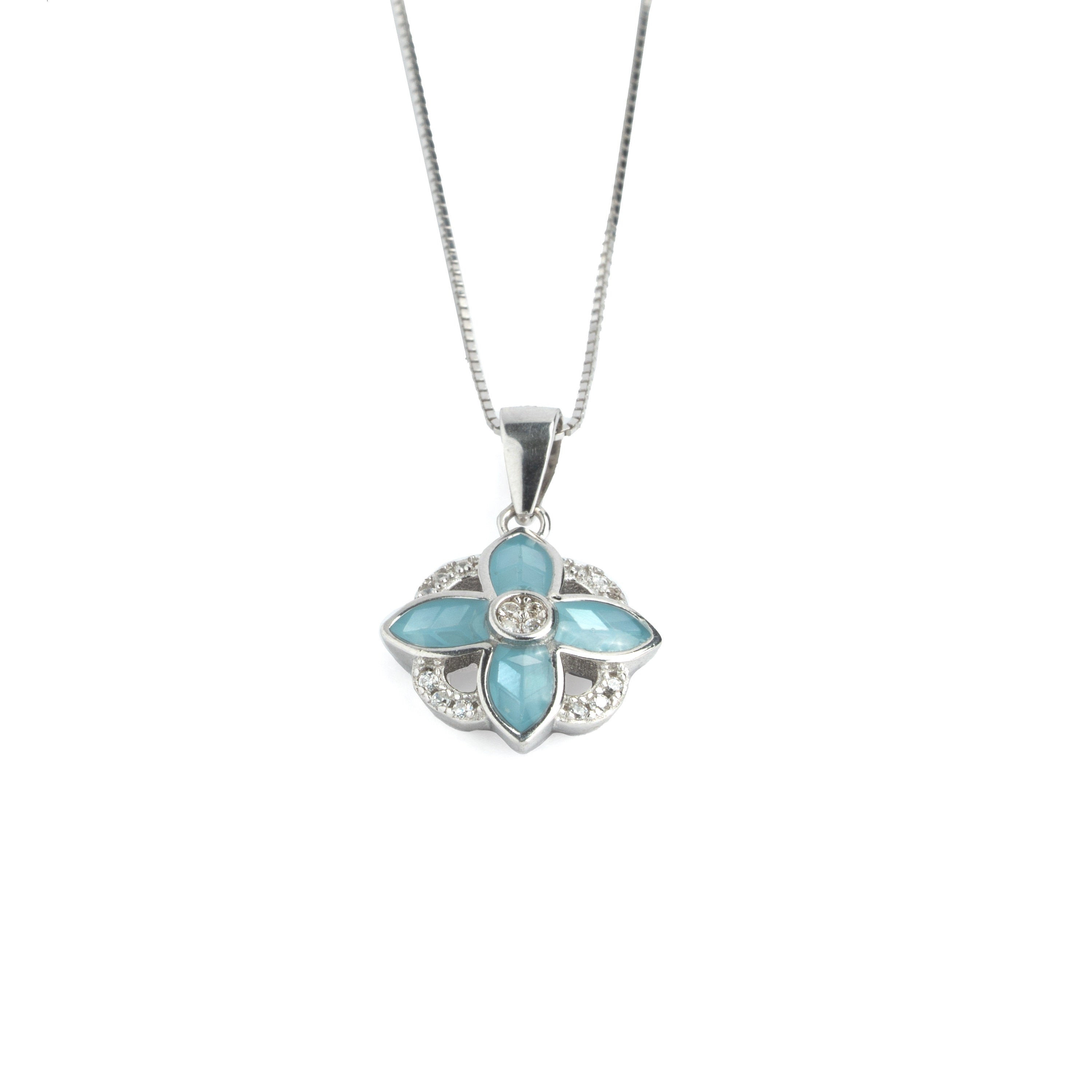 Aqua Blue Floral Silver Pendant Set with Earrings