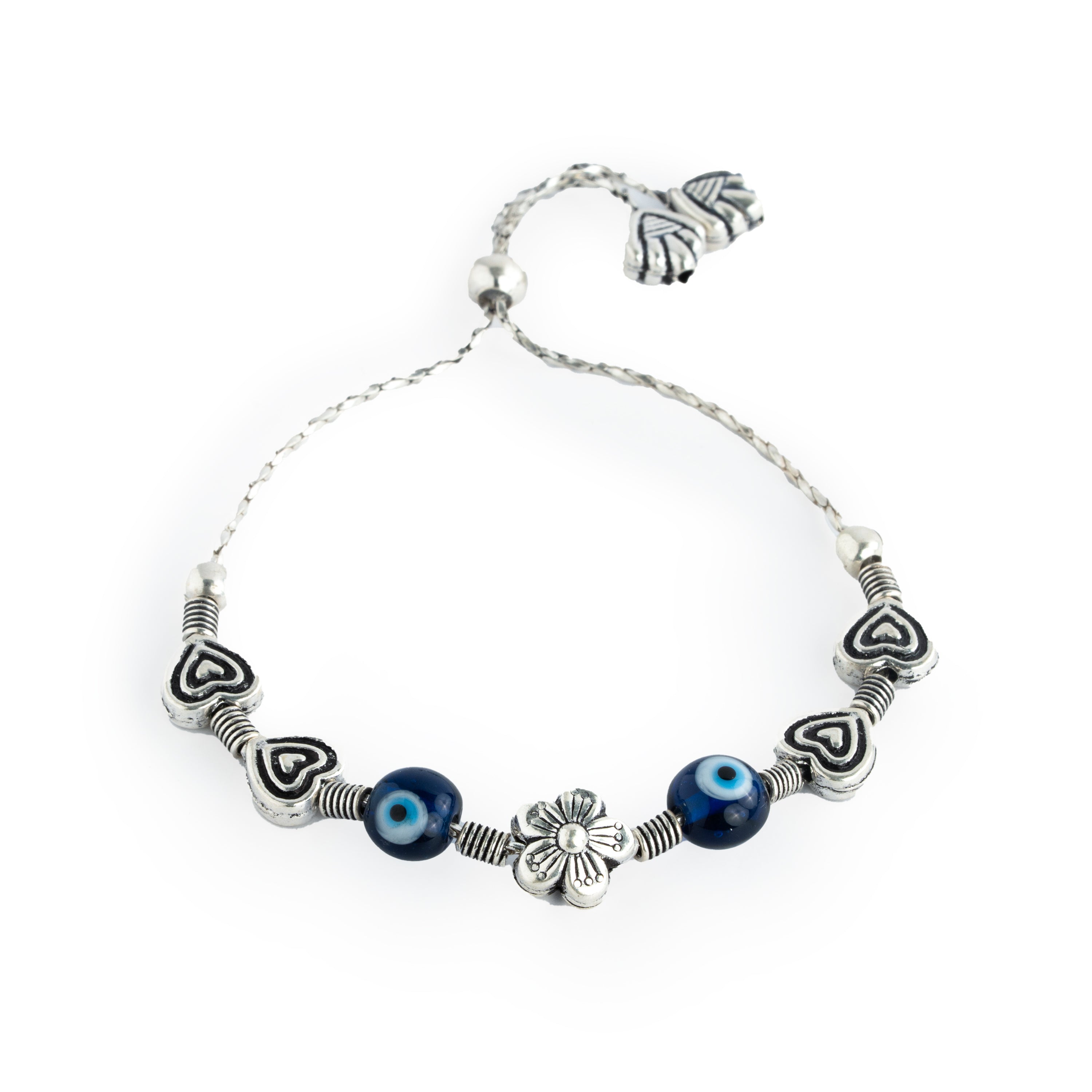 925 Silver Evil Eye Bracelet with Heart Charms