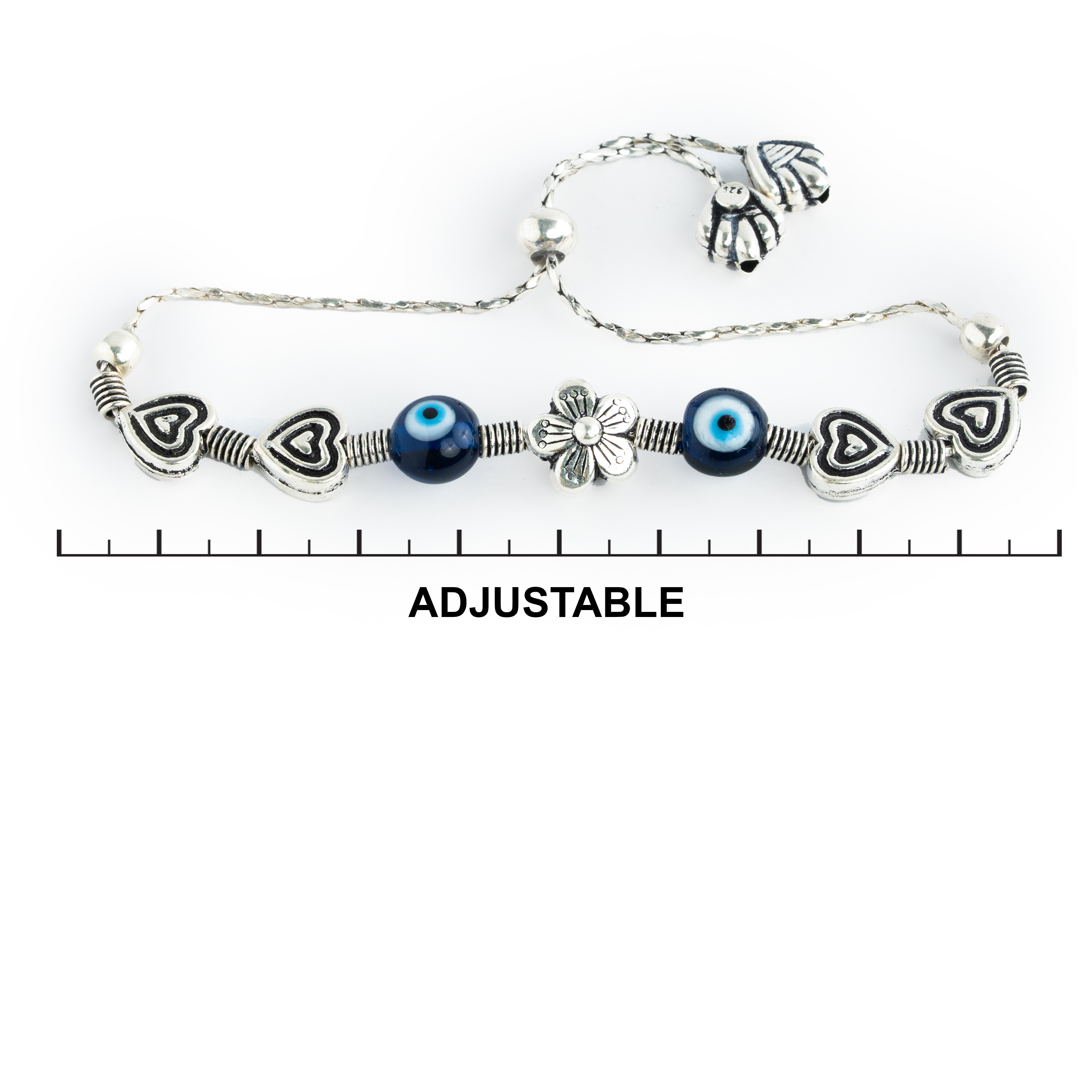 925 Silver Evil Eye Bracelet with Heart Charms