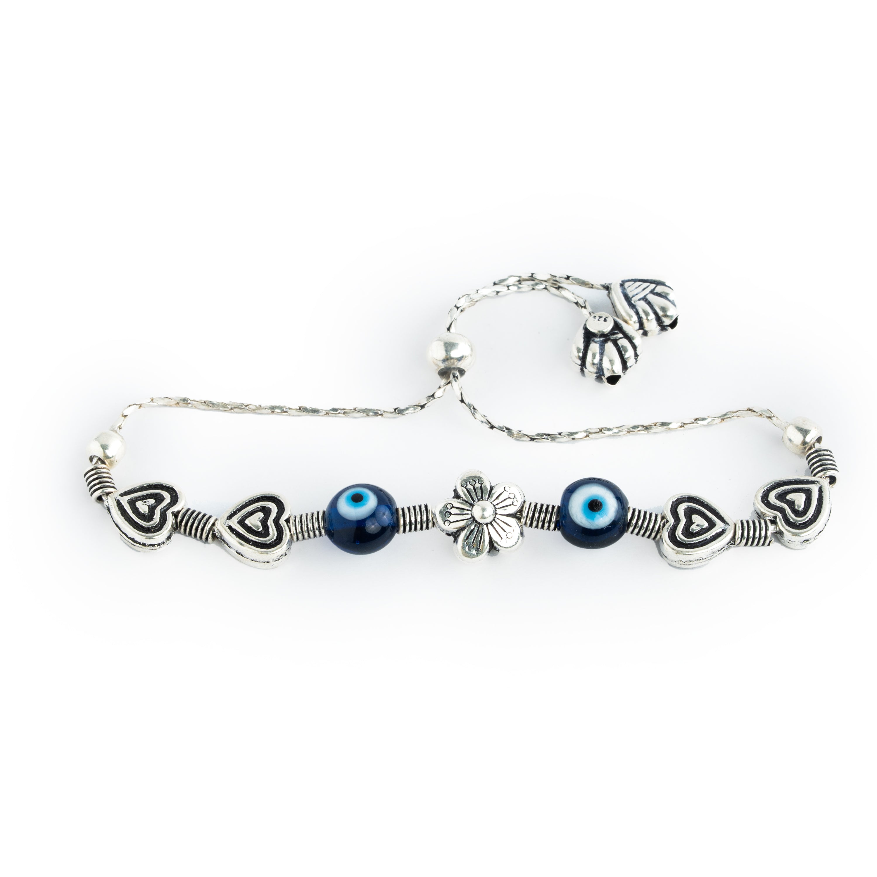 925 Silver Evil Eye Bracelet with Heart Charms