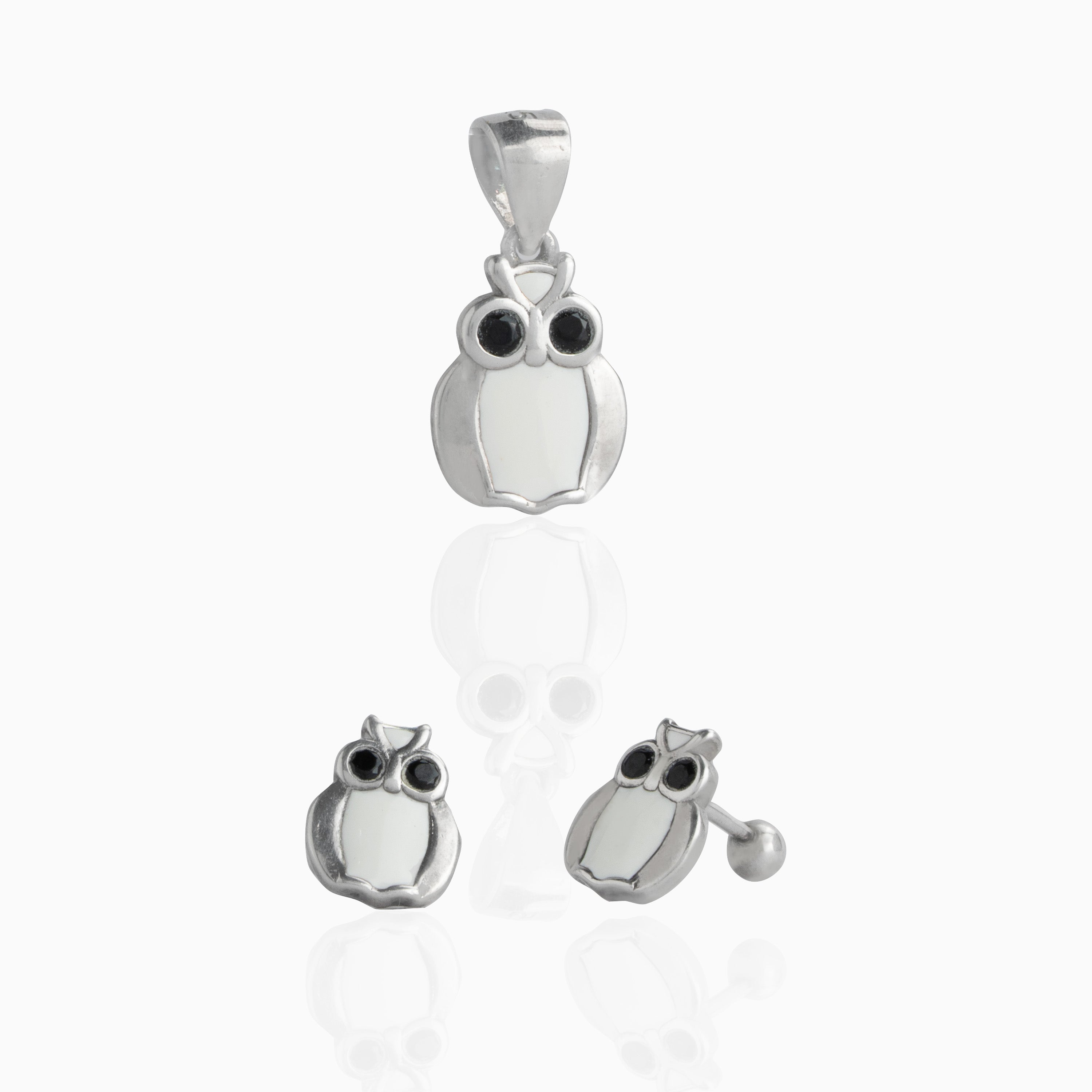 Owl Enamel Pendant and Stud Set