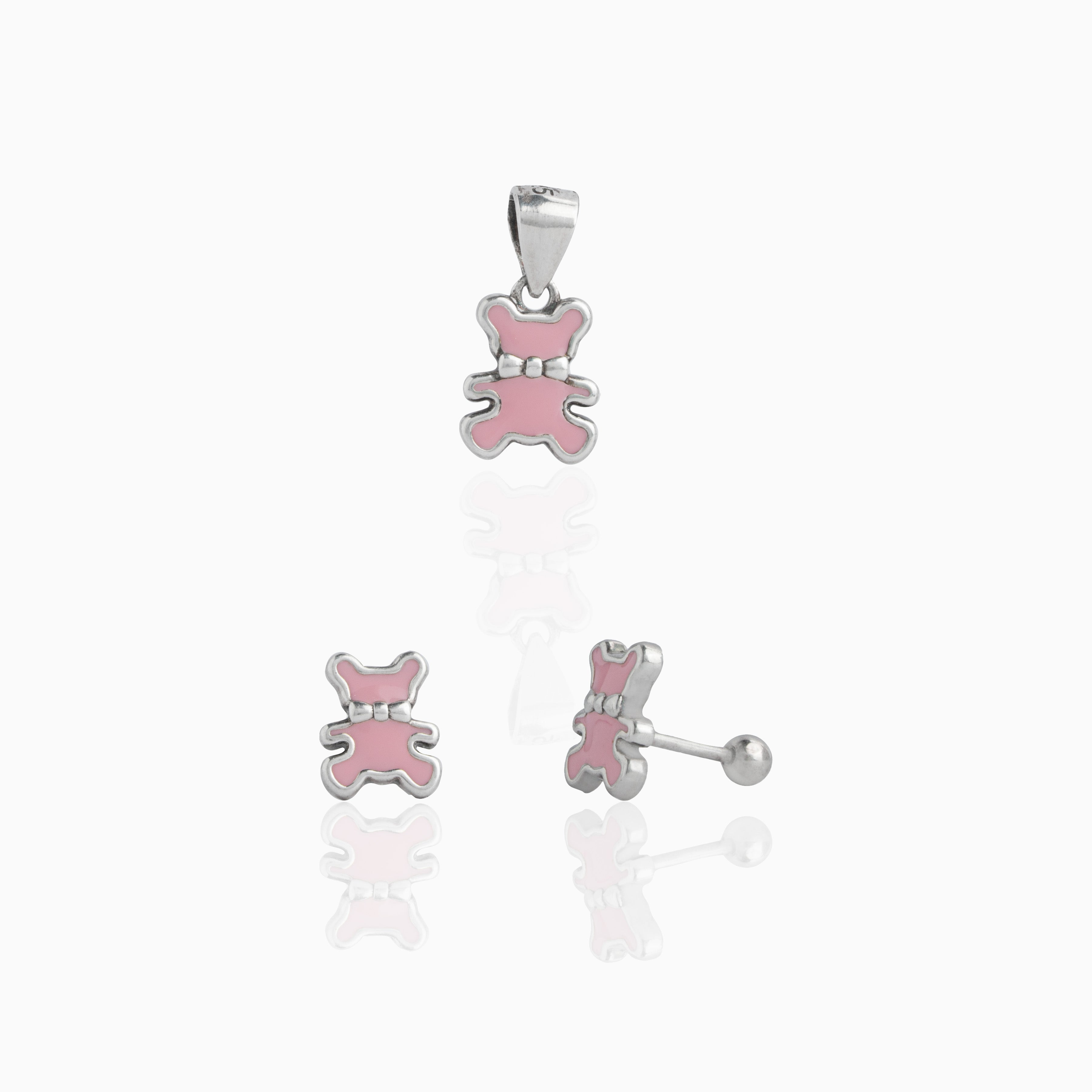 Pink Teddy Bear Pendant and Stud Set