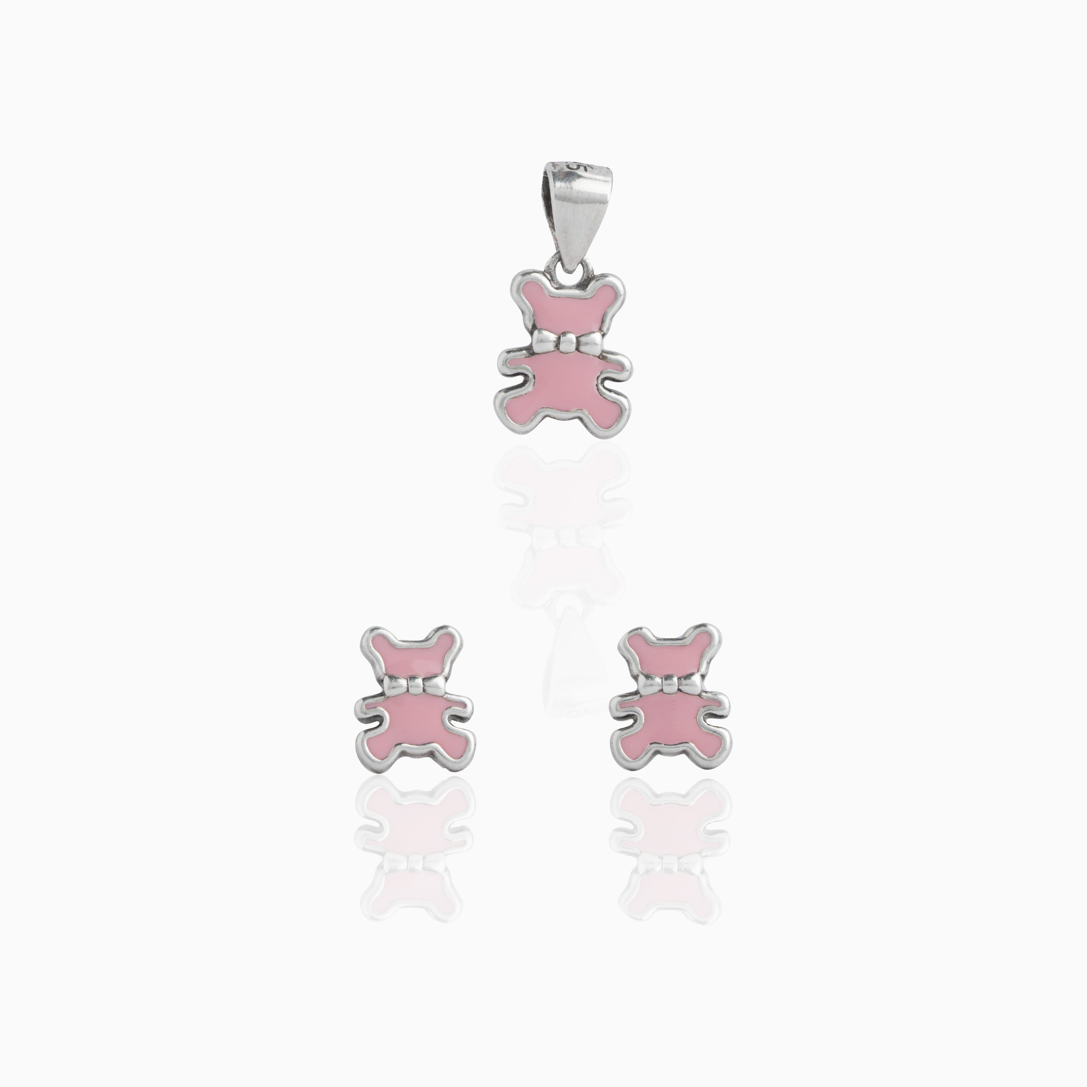 Pink Teddy Bear Pendant and Stud Set