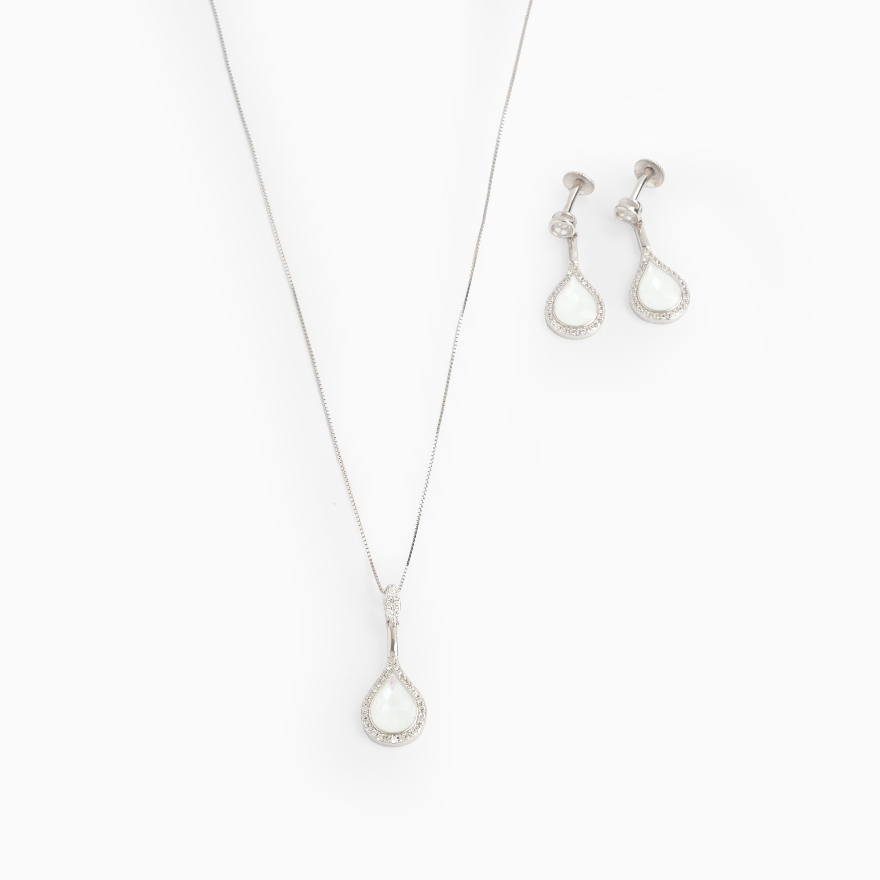 White Teardrop Pendant with Matching Earrings