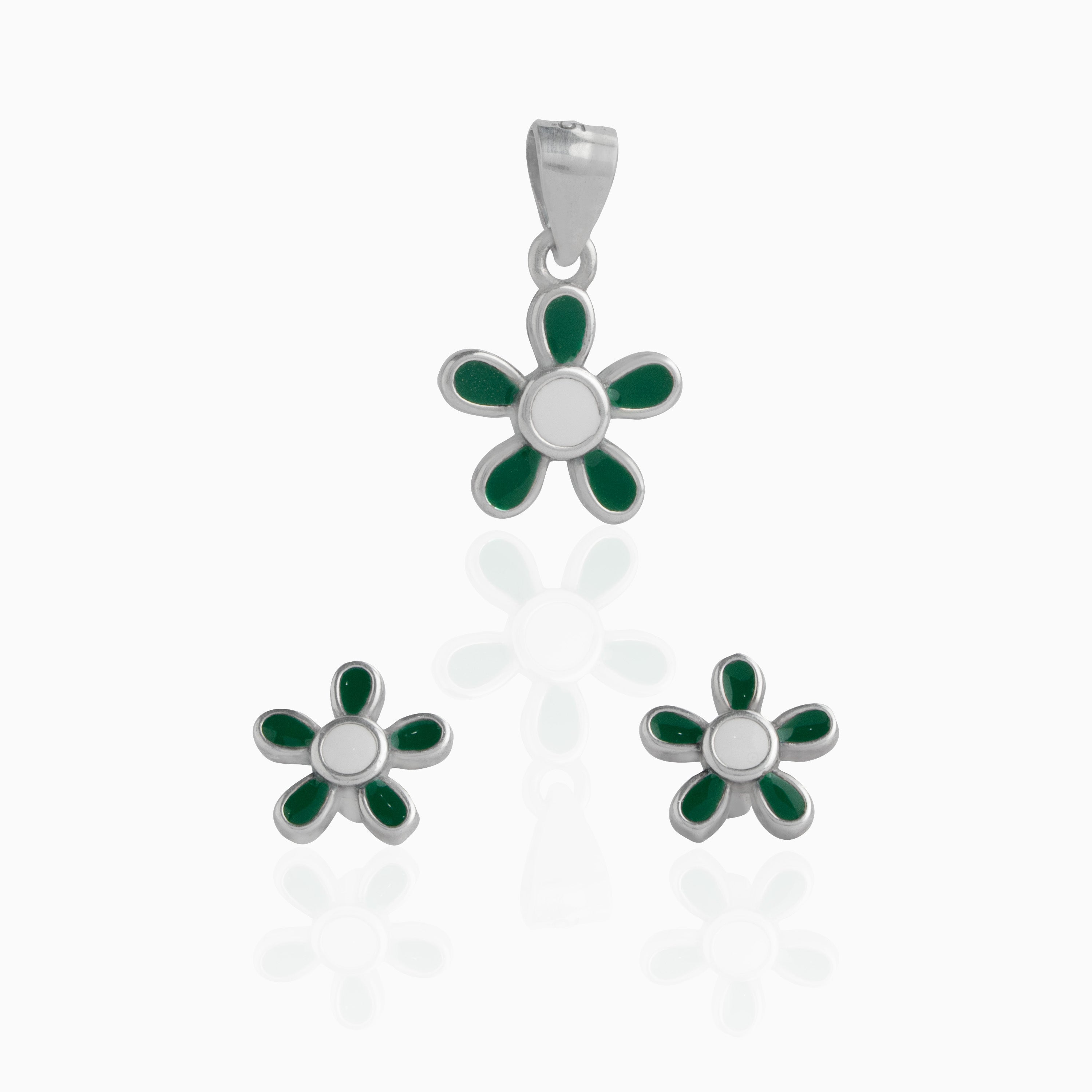 Green Flower Pendant and Stud Set
