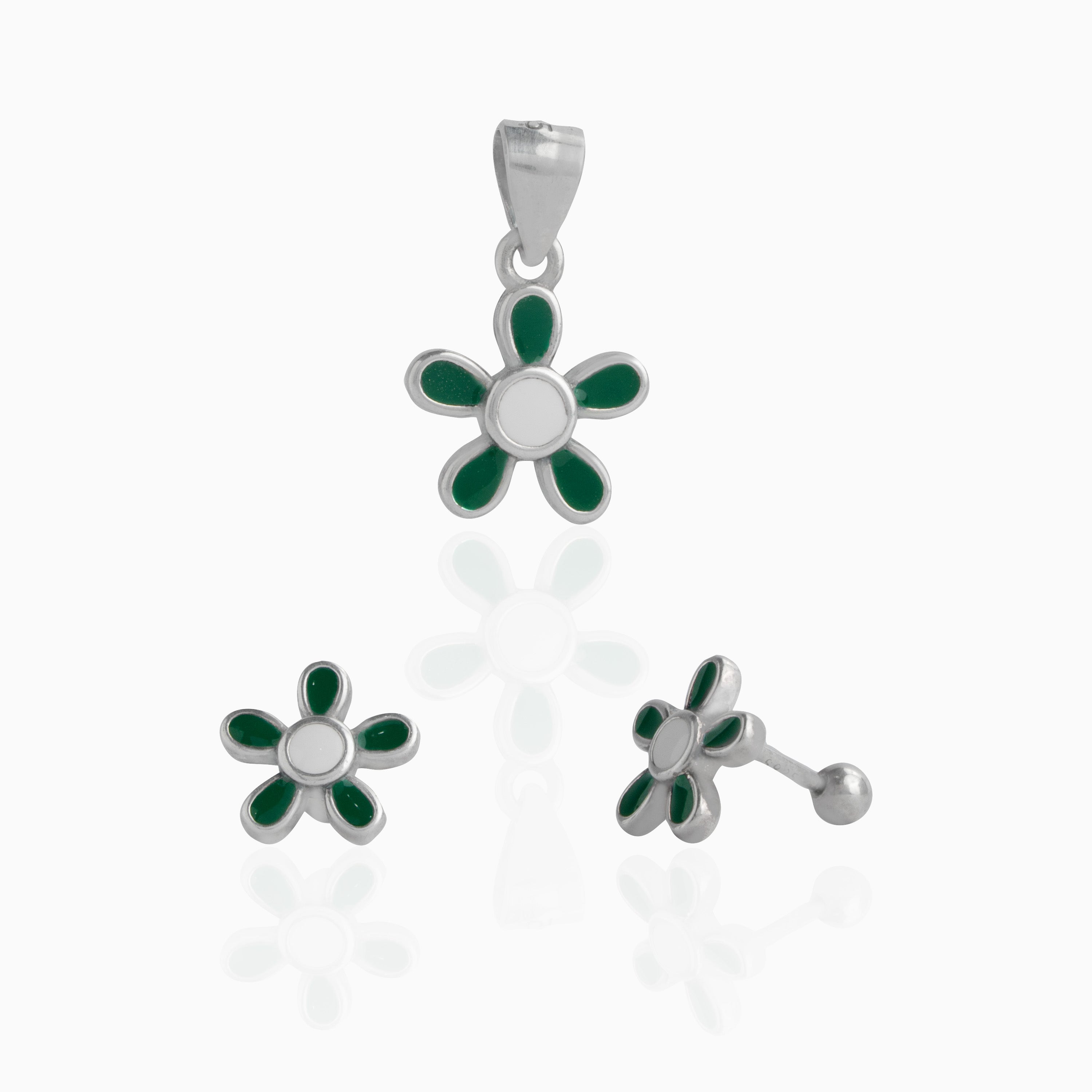 Green Flower Pendant and Stud Set