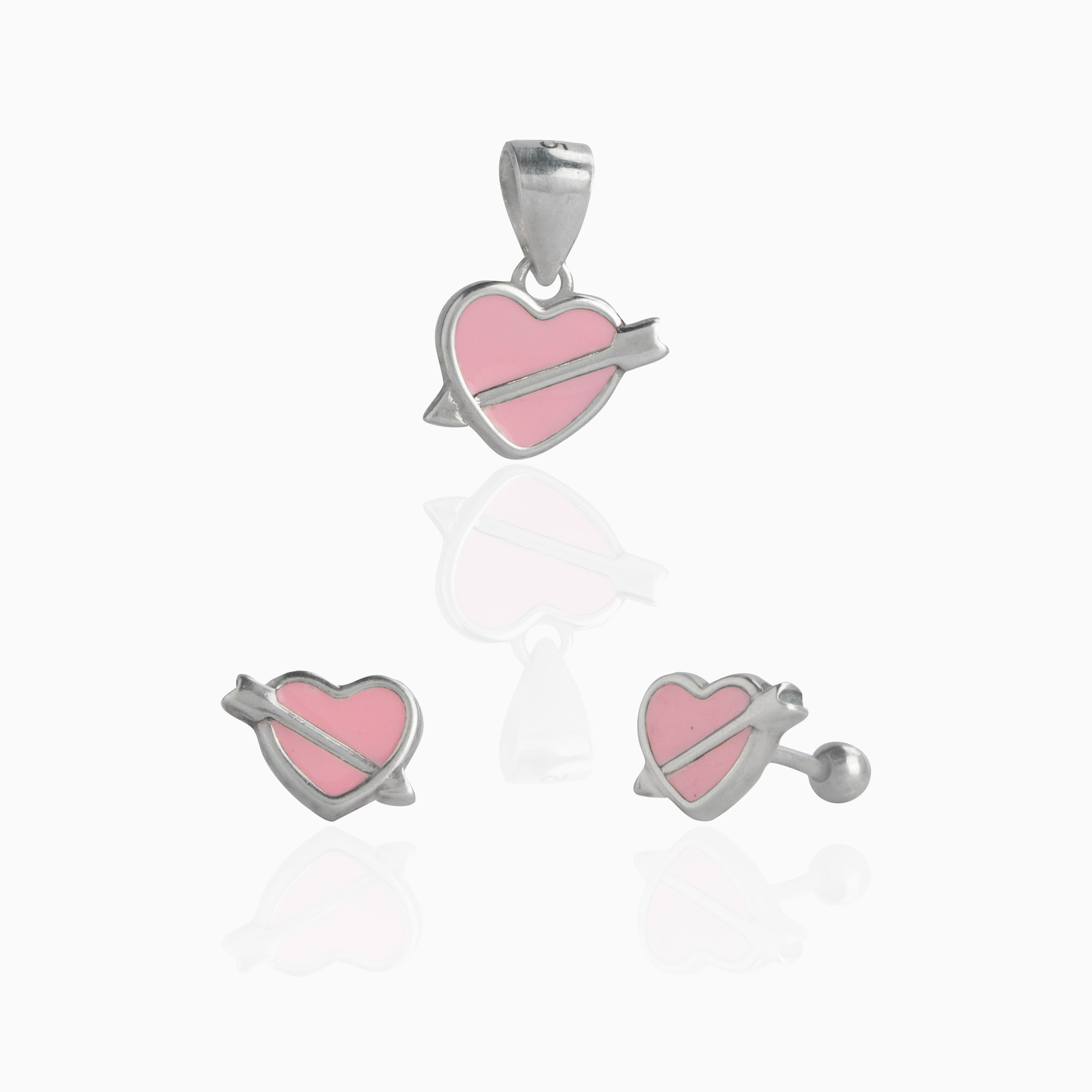 Pink Heart and Arrow Pendant and Stud Set