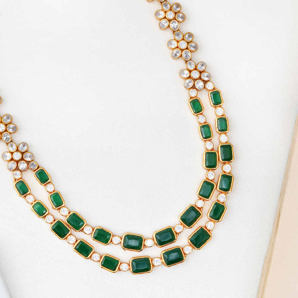 24K gold plated silver necklace with green and white stones