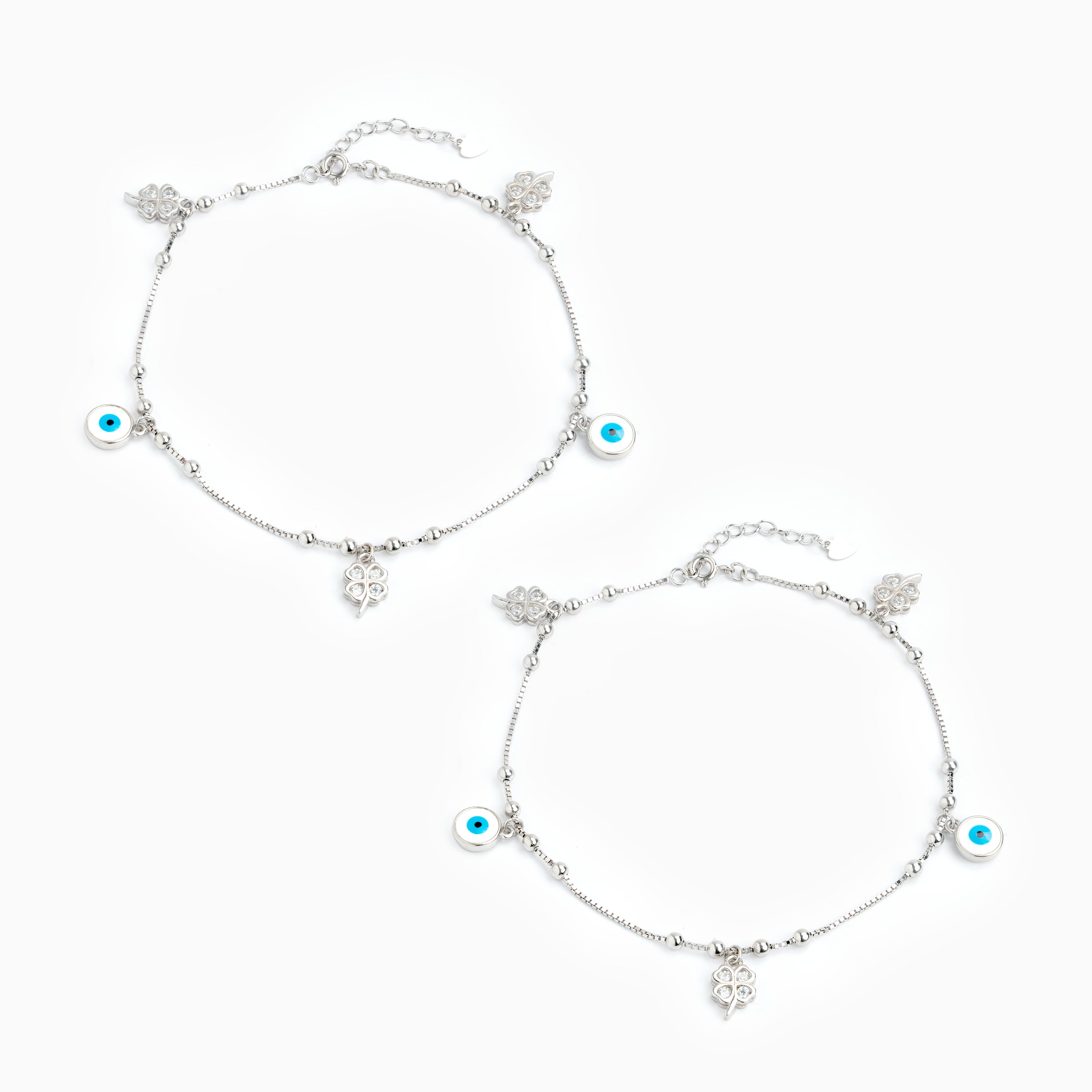 Elegant Evil Eye & Floral Charm Silver Anklet