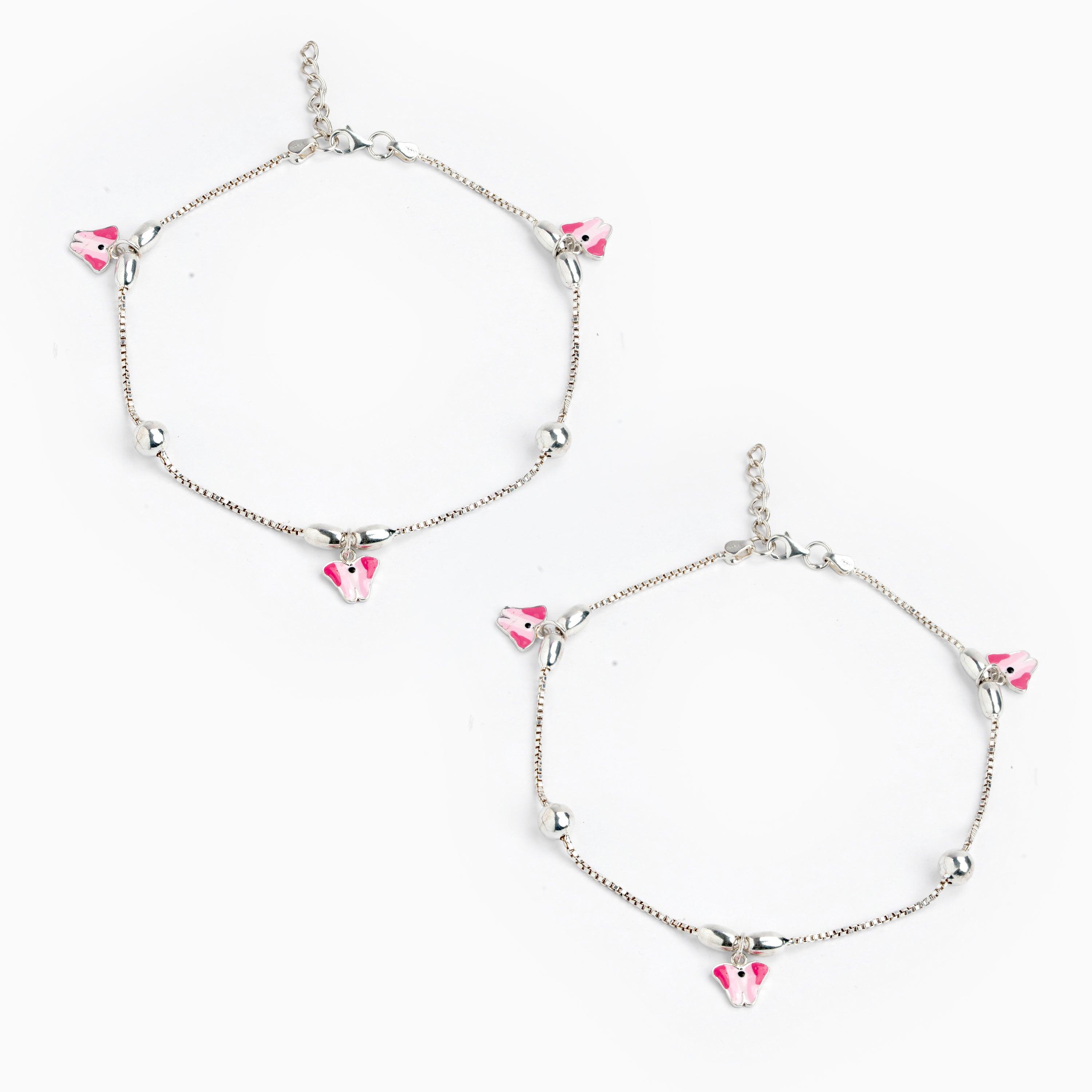 Pink Butterfly Charm Silver Anklet