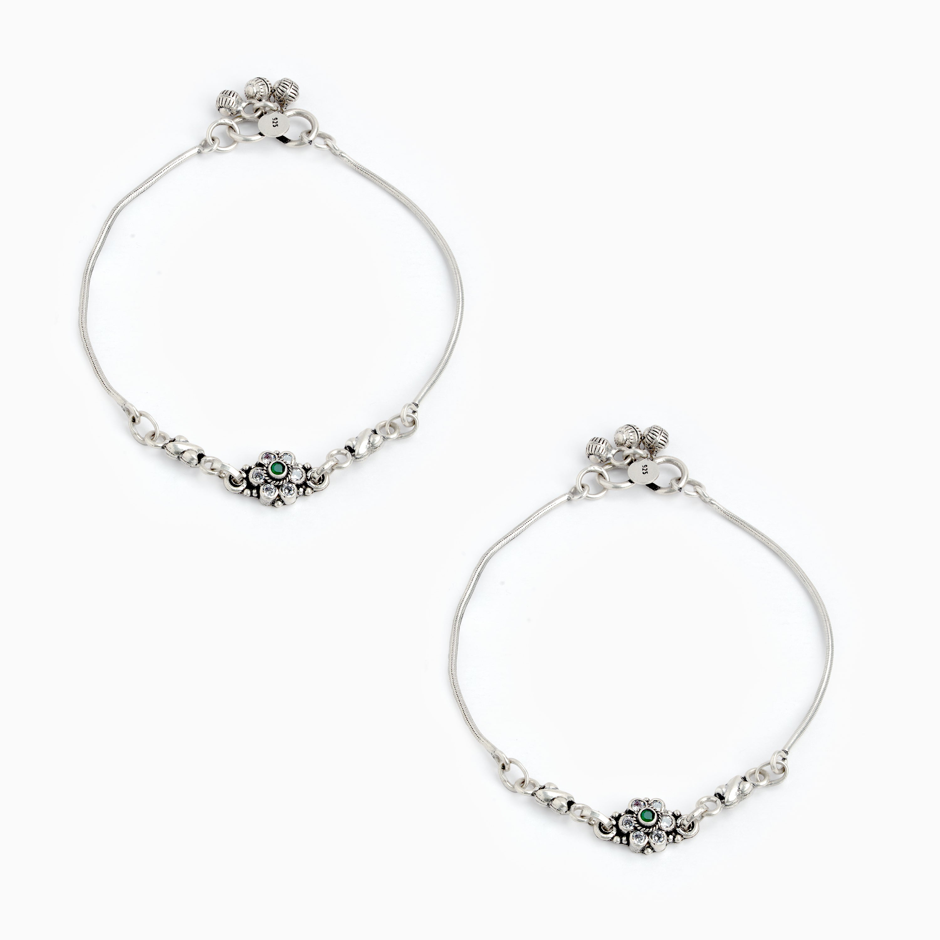 Silver Floral Emerald Stone Anklet