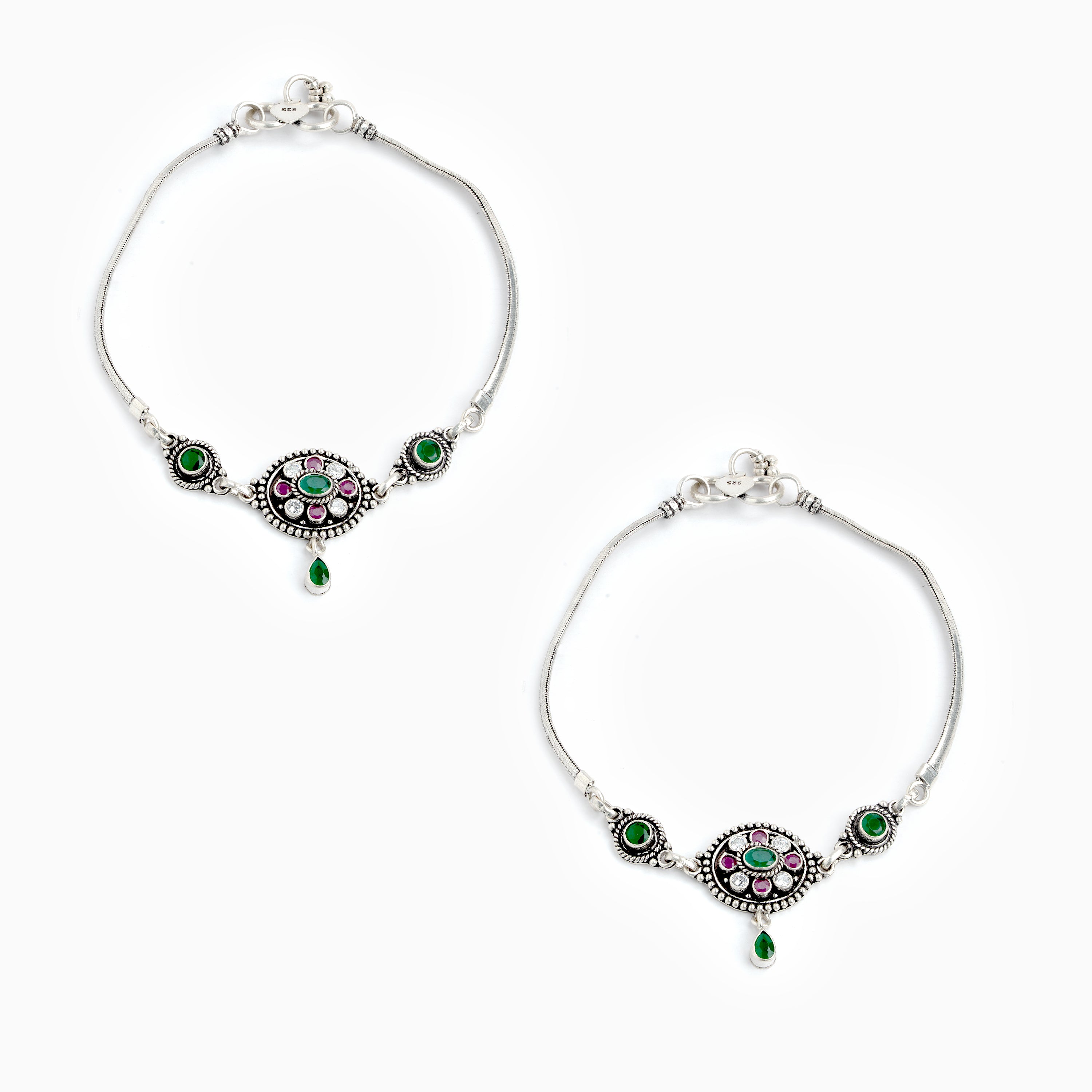 Silver Anklet with Pink and Green Stones