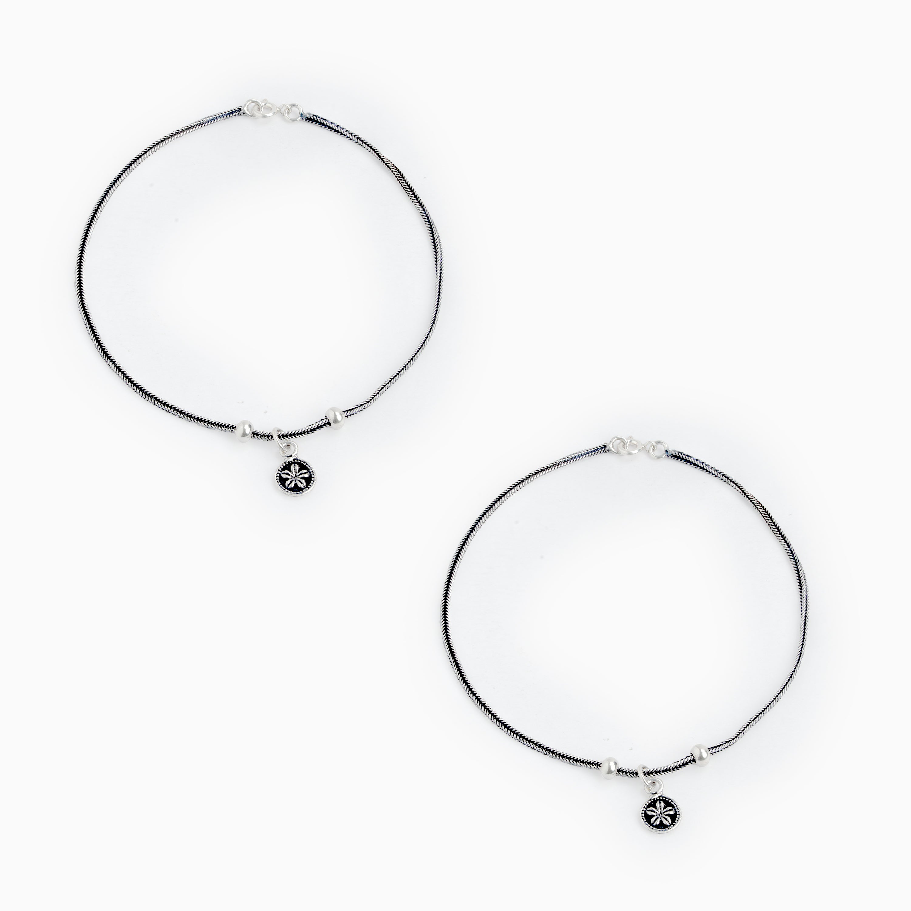 Oxidised Sterling Silver Floral Charm Anklet