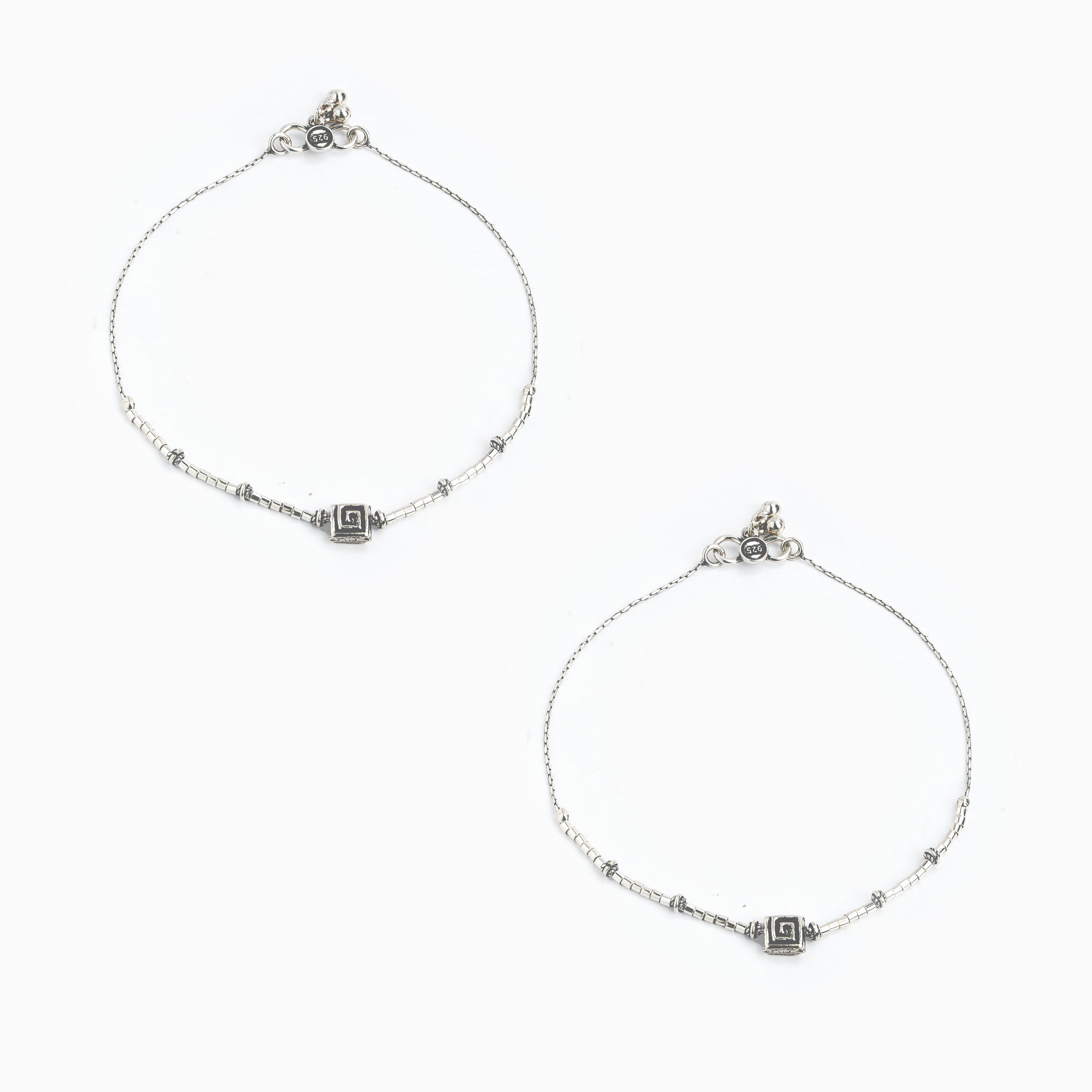 Oxidized Silver Cylindrical Beads Anklet
