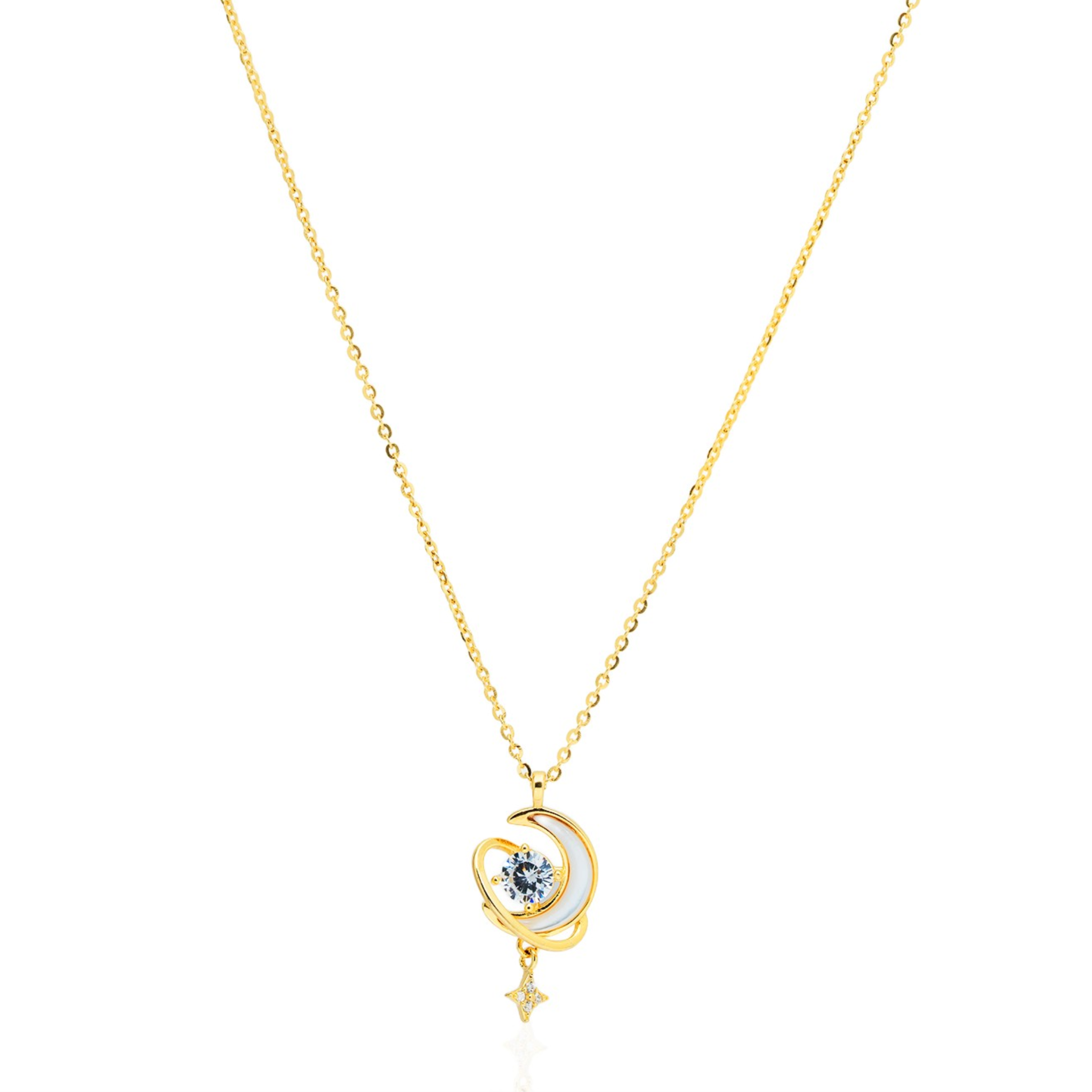 Gold-Plated Moon & Star Pendant Chain with Studs