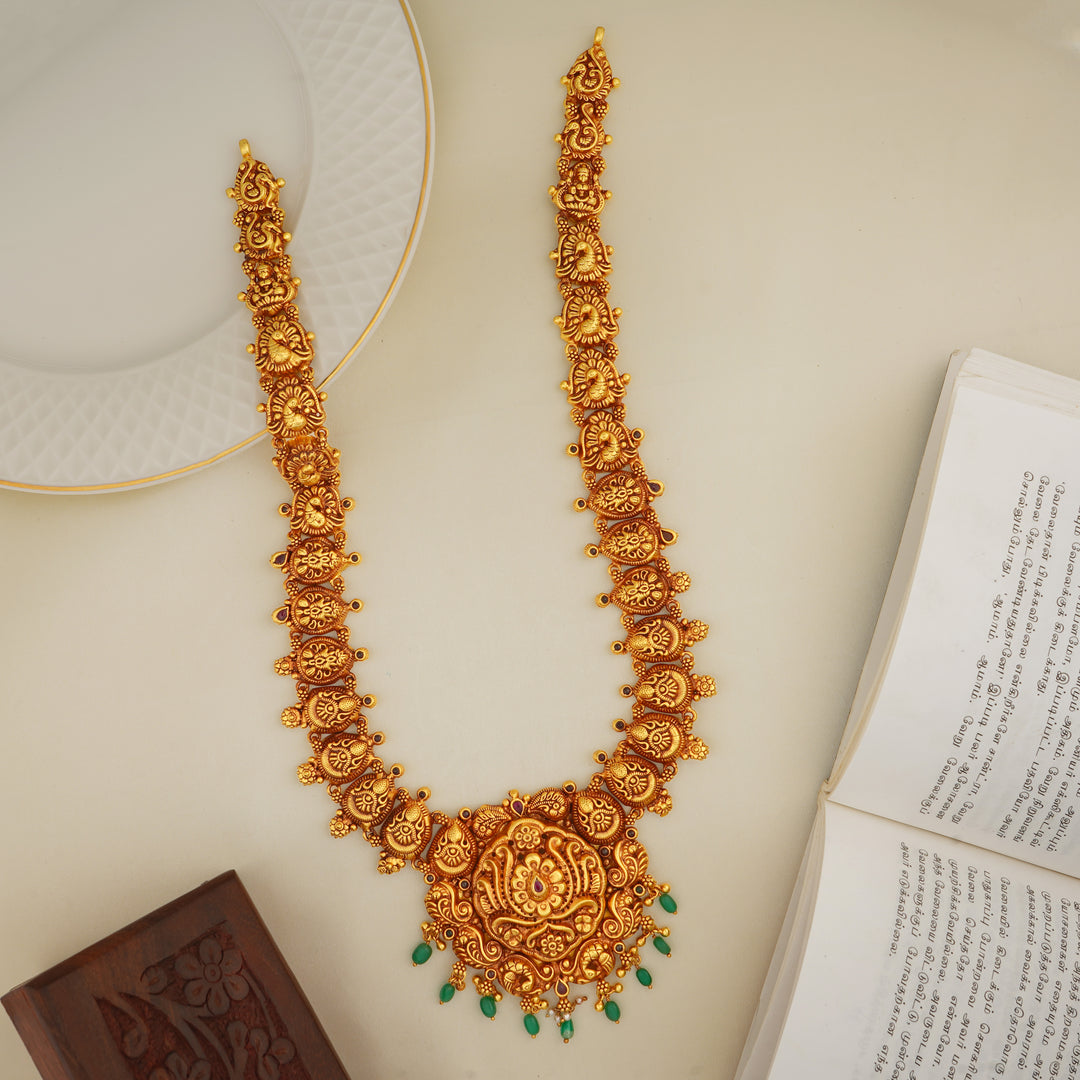 92.5 silver gold plated temple haram with ruby stones