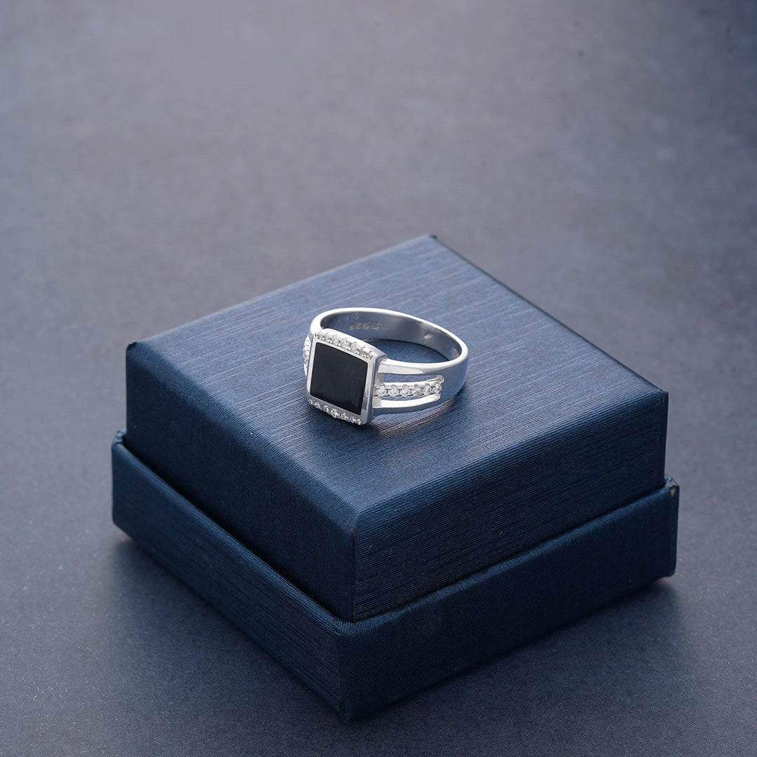 925 Silver Black Center Stone Square Ring Ishna
