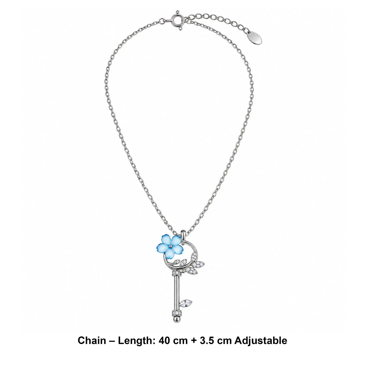 925 Silver key pendant necklace with blue floral enamel