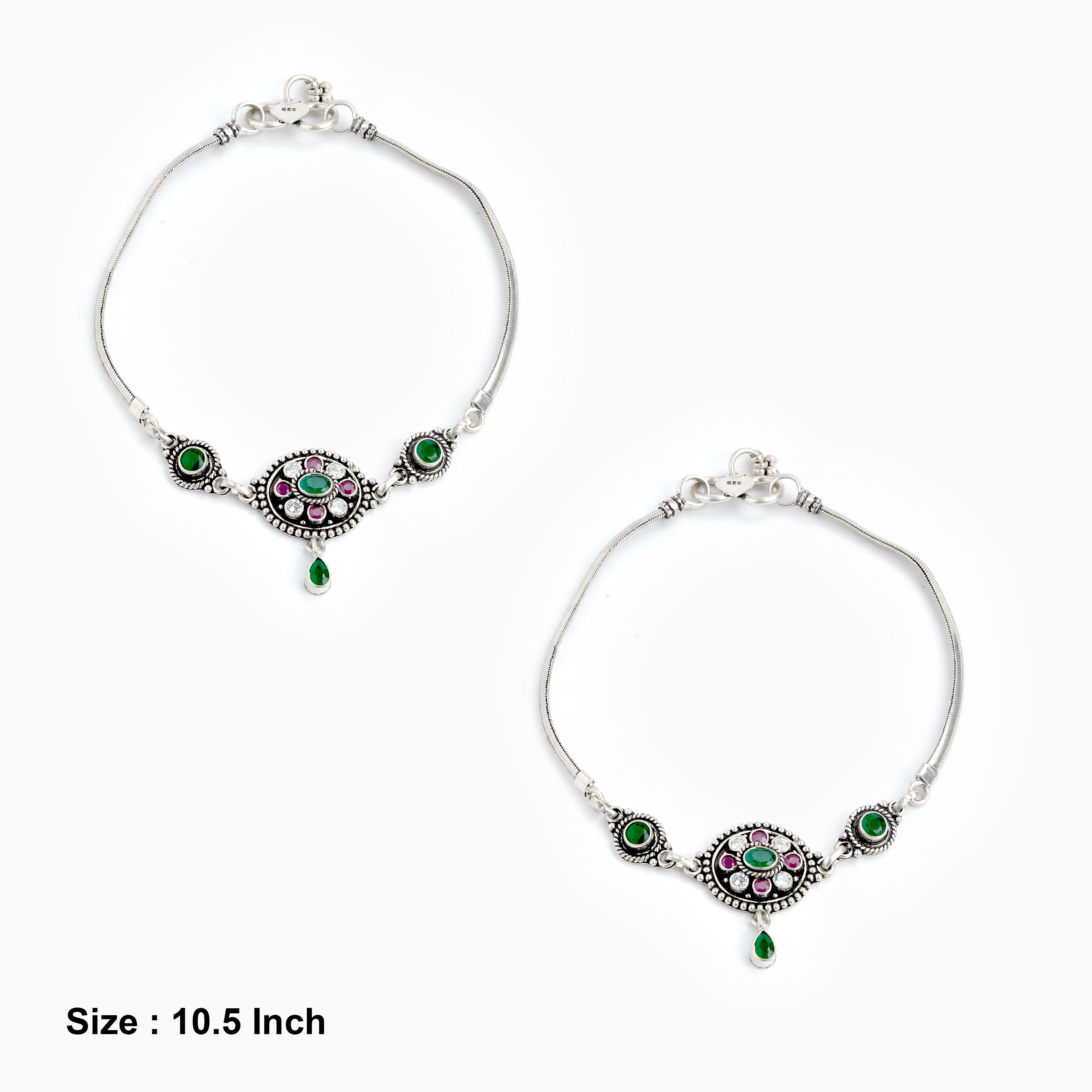 925 Sterling Silver Anklet with Pink and Green Stones Ishna
