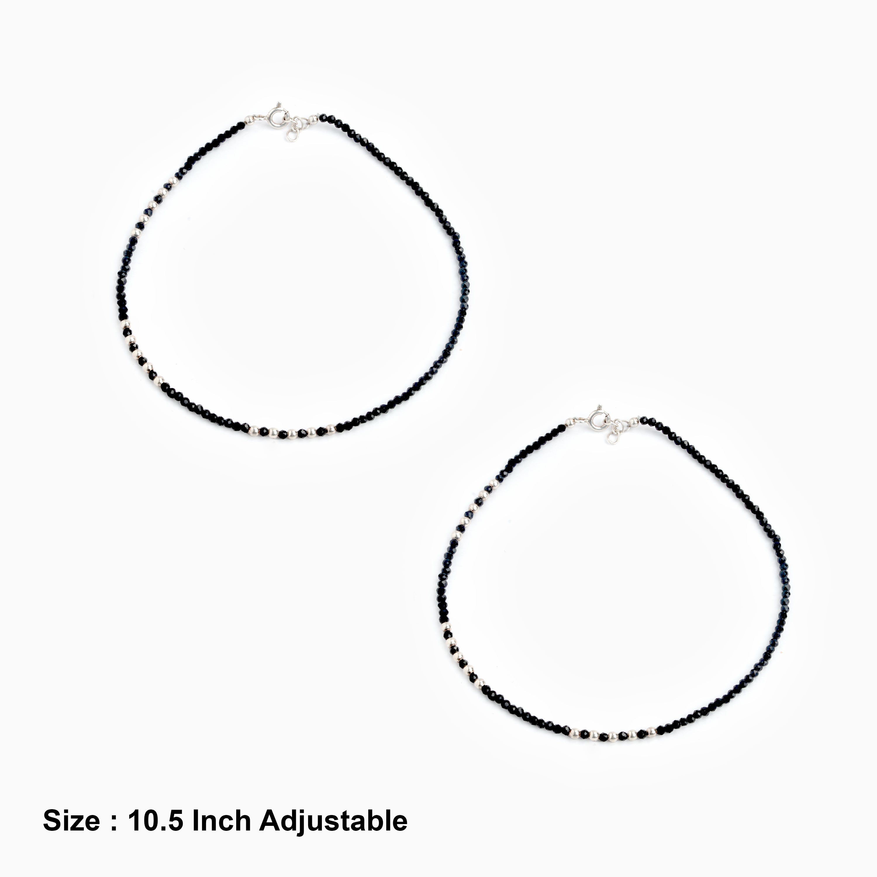 925 Sterling Silver Ball & Black Beads Anklet