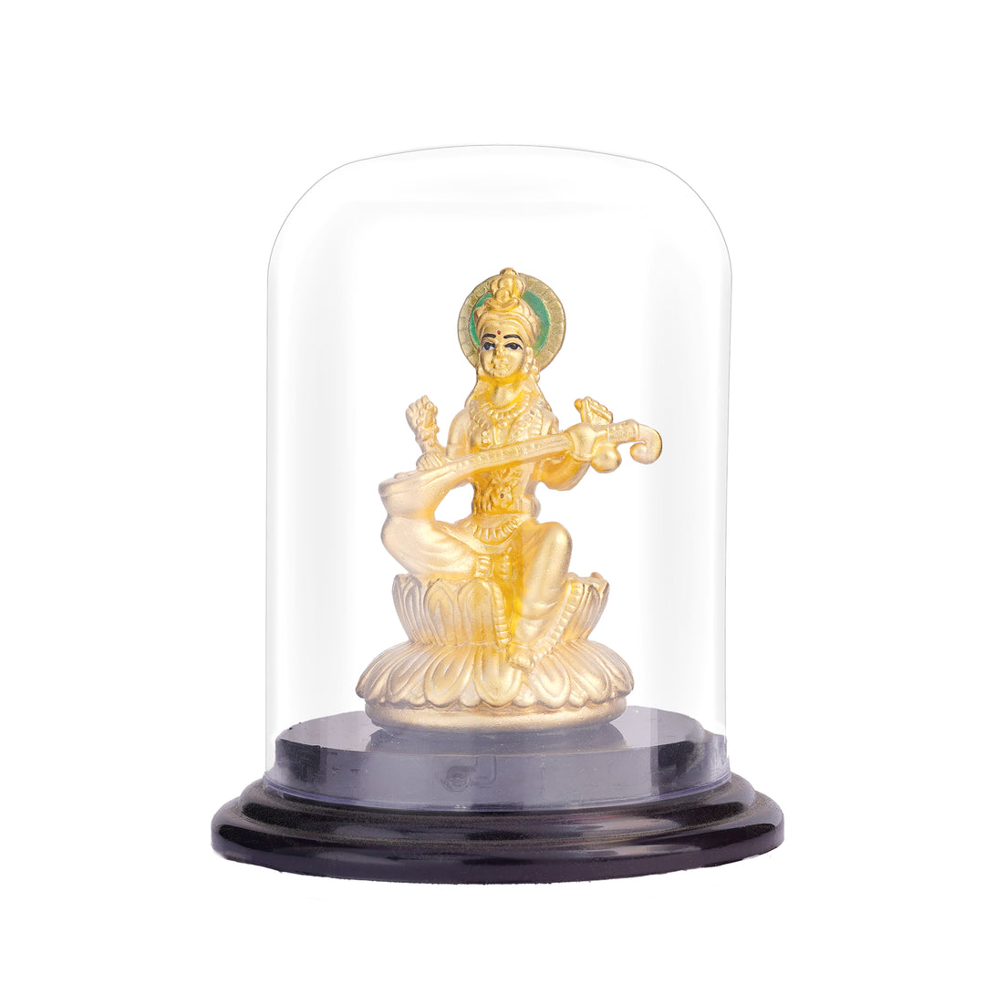 999 Silver 24Kt Gold Plated Saraswathi Idol in Glass Case