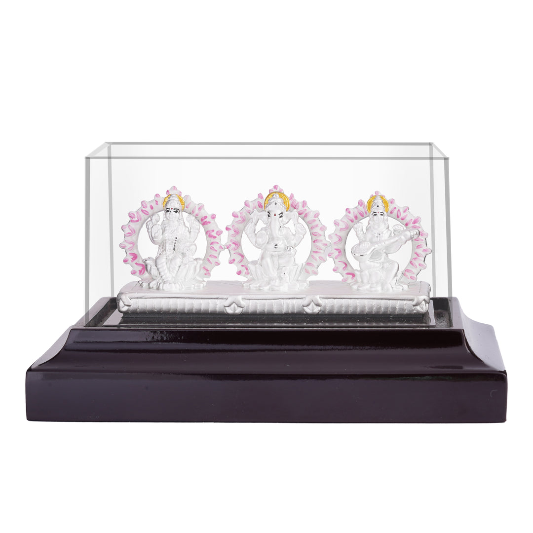 999 Silver Lakshmi Ganesh Saraswathi Idol Set in Glass Case