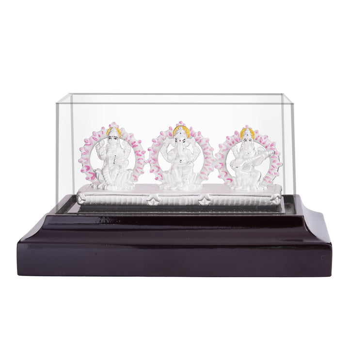 999 Silver Lakshmi Ganesh Saraswathi Idol Set in Glass Case