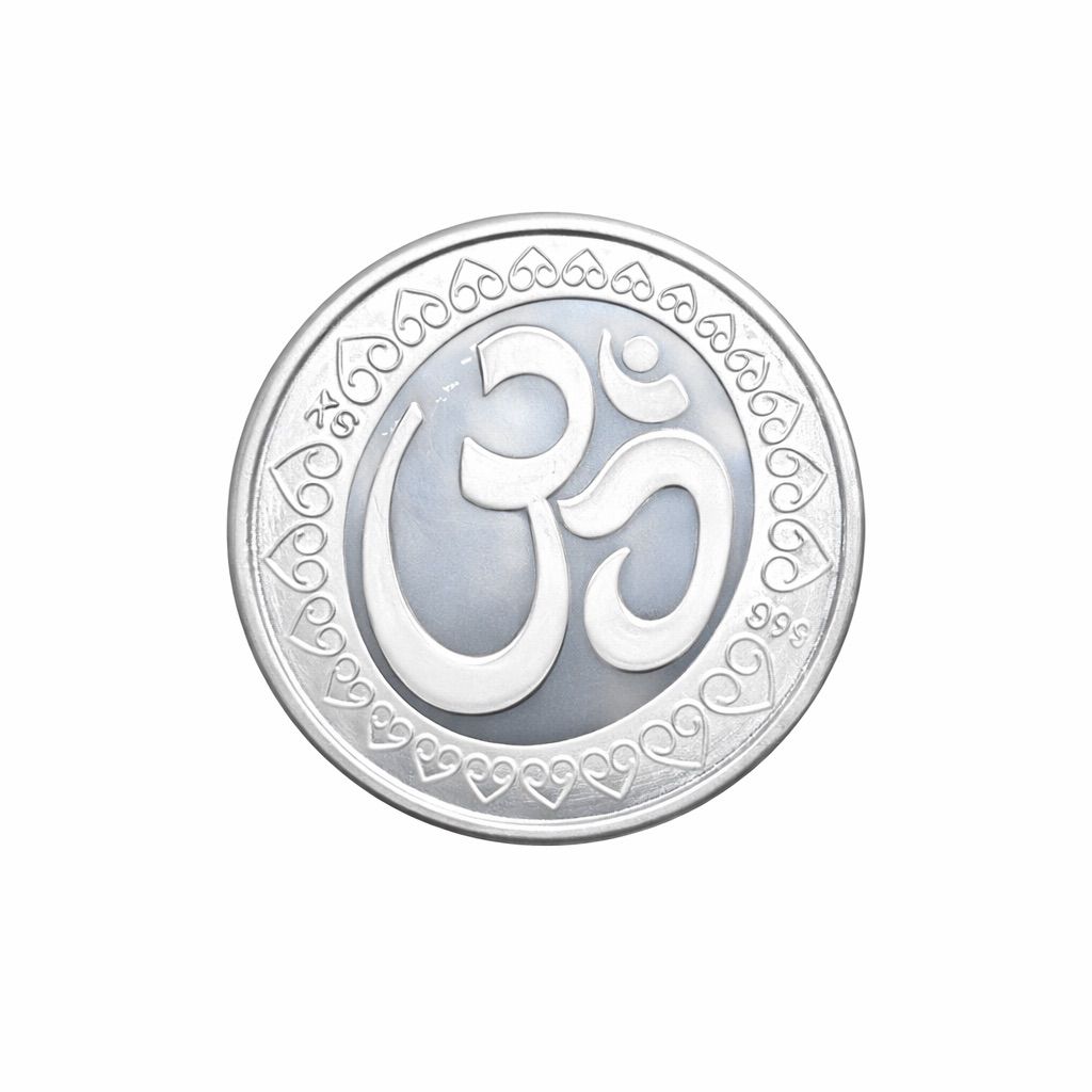 999 silver Om coin with engraved border design Ishna