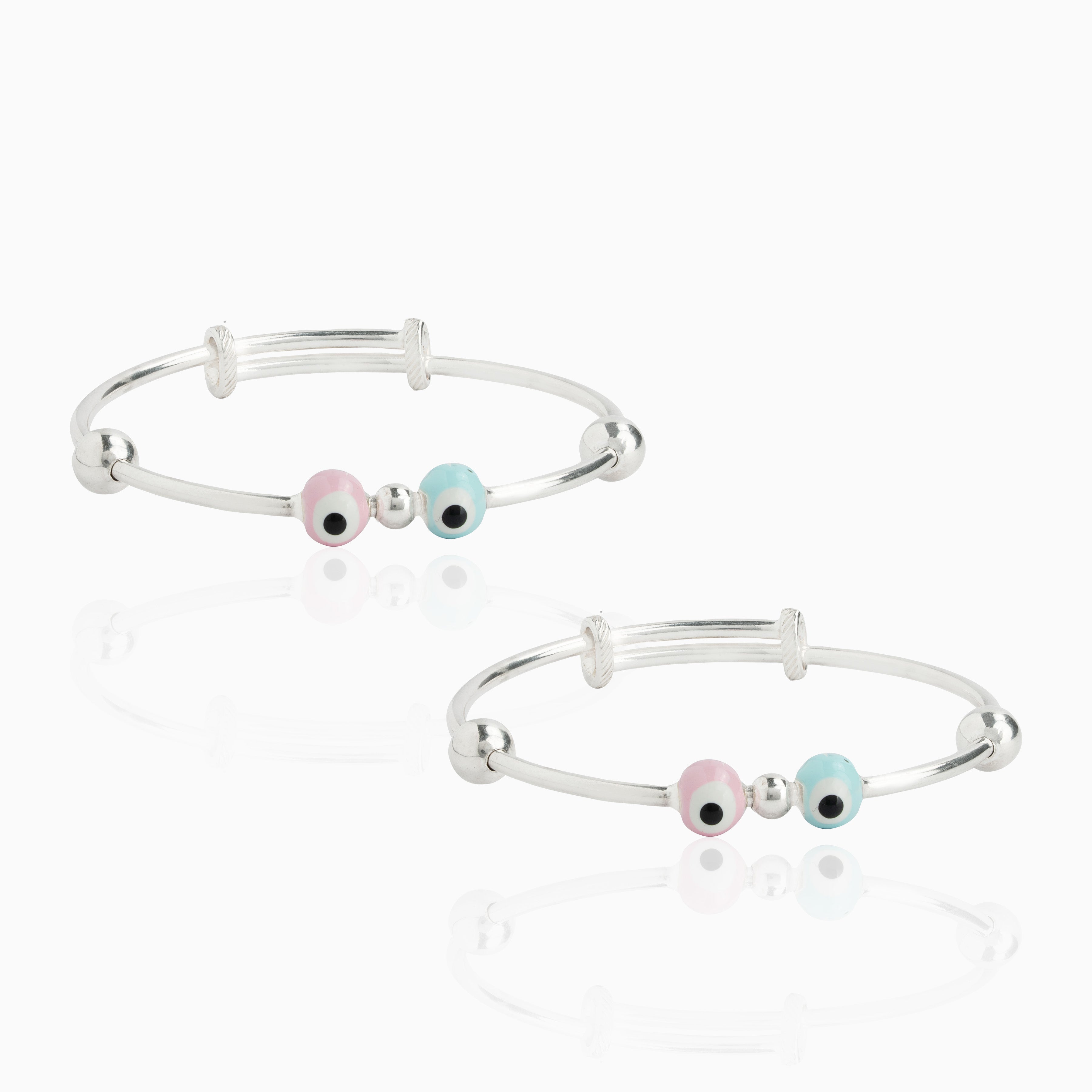 Adjustable silver baby bangle evil eye design