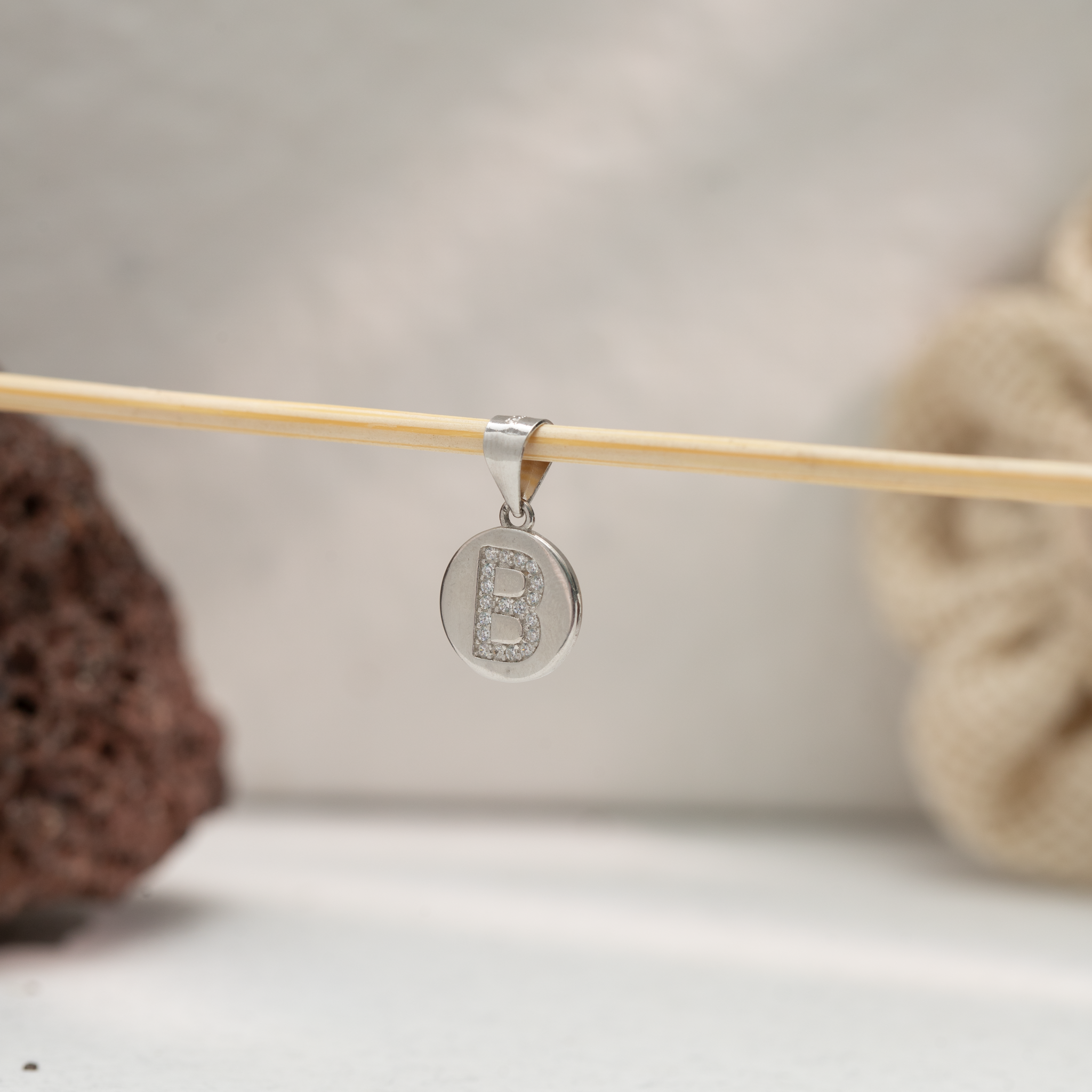 Alphabet B silver pendant with stones